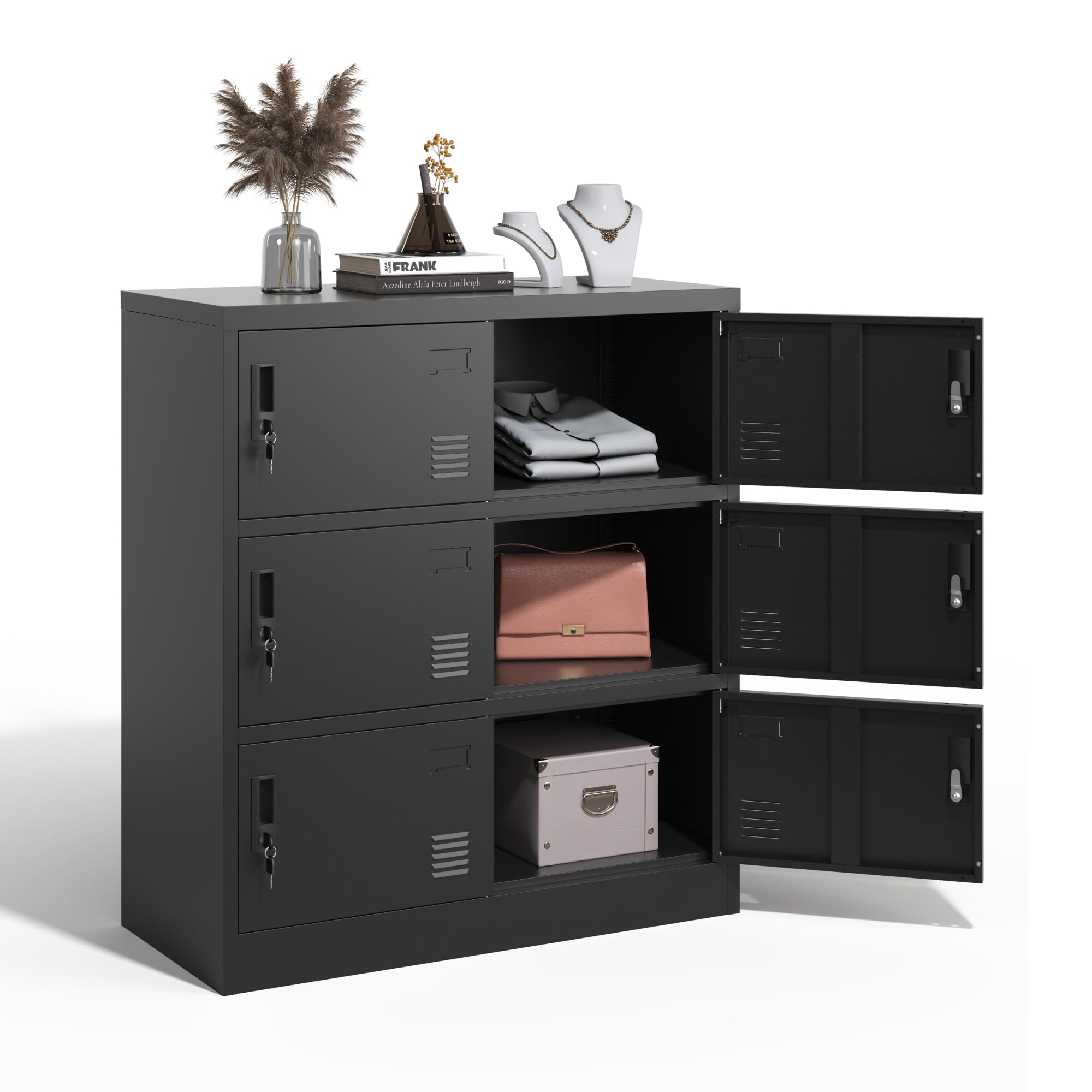 6-Door Metal Locker Storage Cabinet - Heavy Duty Black Steel Employee Lockers with Key Lock for Office, Gym, School, Restaurant & Home Use - Secure Storage Solution for Clothes, Bags & Personal Items (Assembly Required)