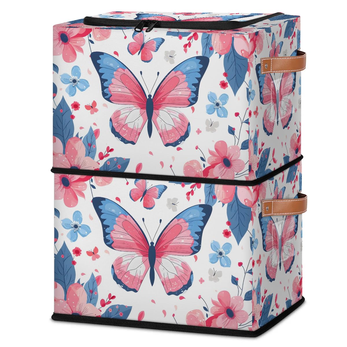 2-Pack Stackable Storage Bins with Zipper Lid & Metal Frame - Butterfly Flower Design Closet Organizer Cubes with PU Handles | Perfect for Clothes, Toys, and Home Organization