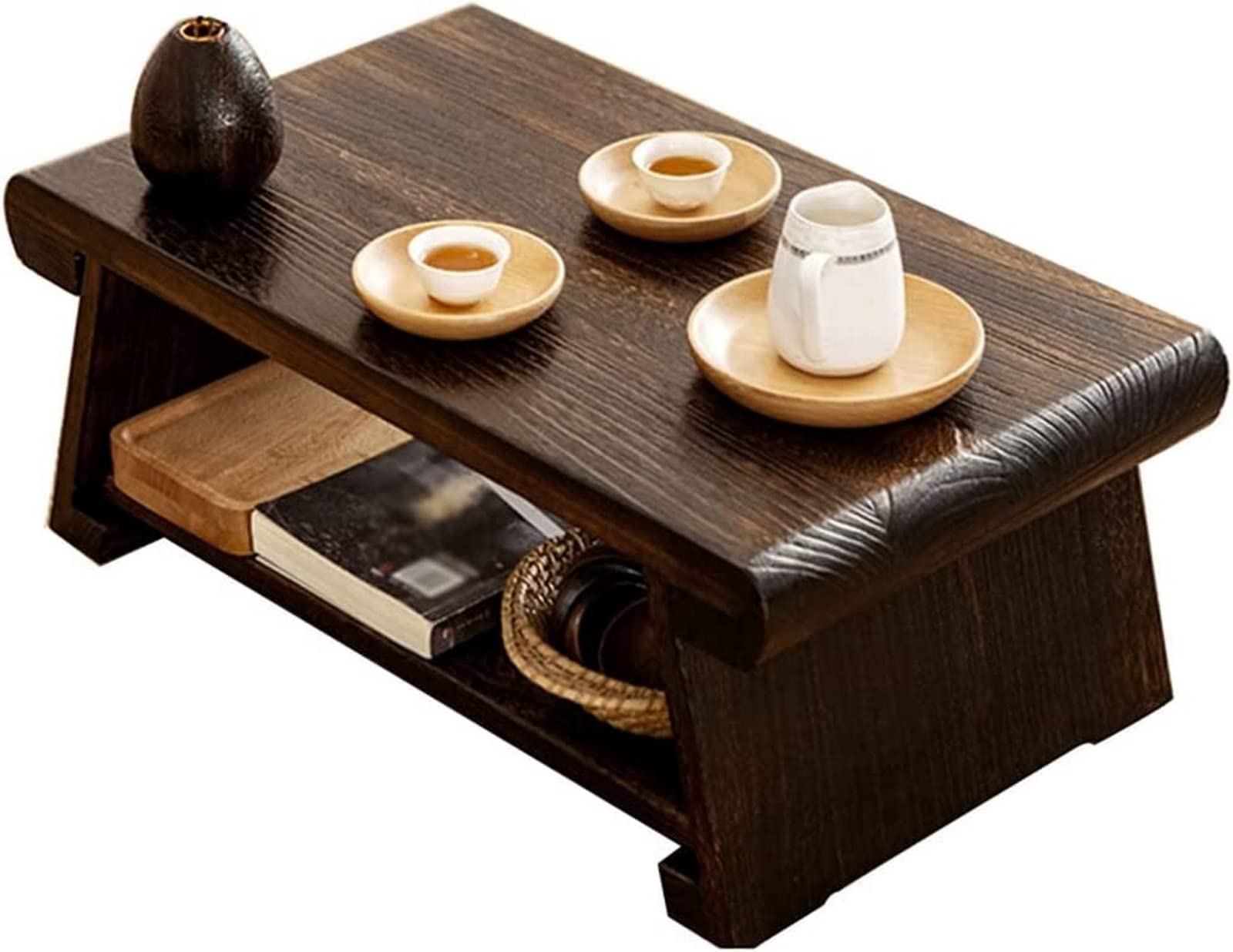 Vintage Folding Coffee Table with Storage Rack - 2-Tier End Table for Living Room & Bedroom - Brown Wooden Side Table (60x34.5x24cm) - Perfect for Small Spaces, Tea Time & Home Decor