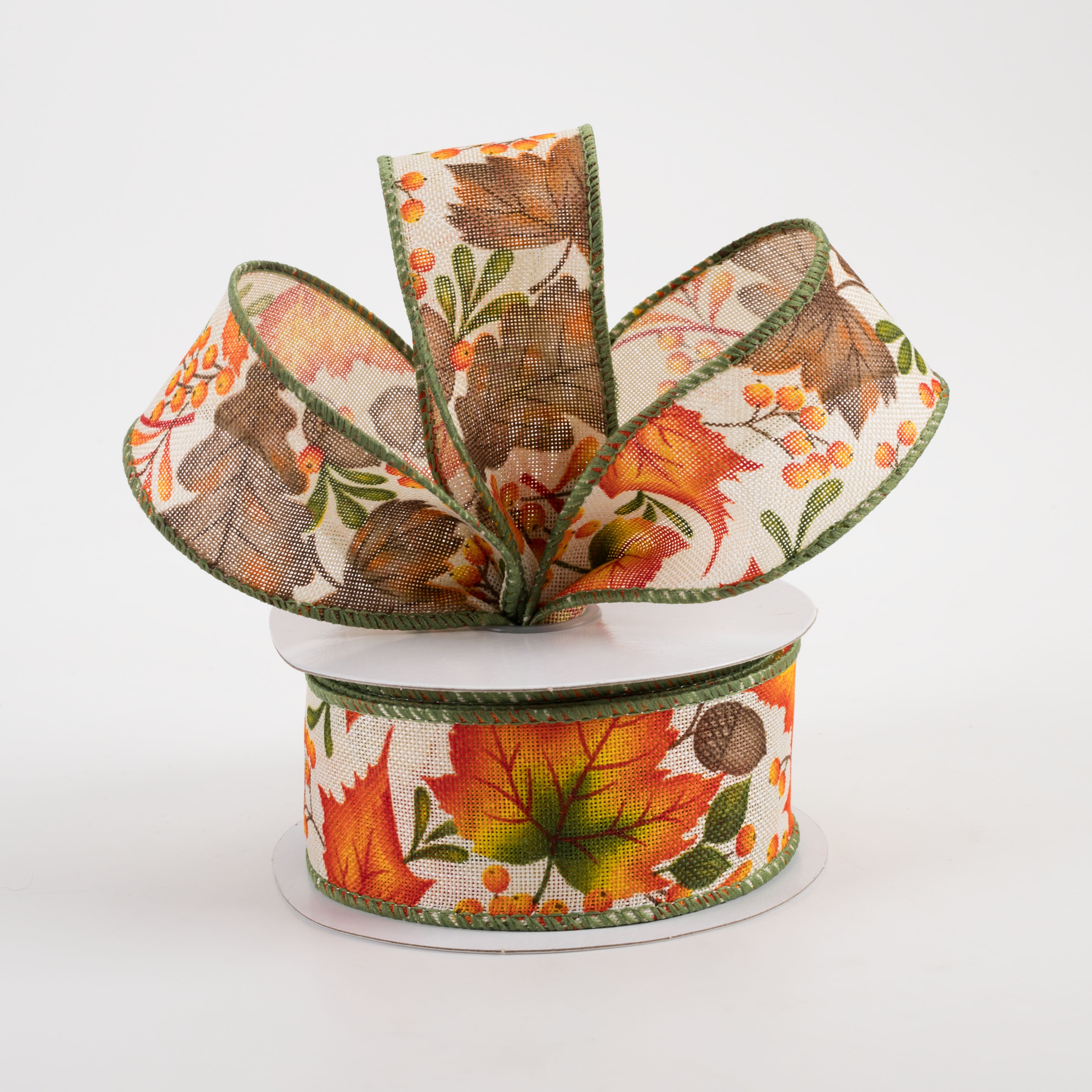 1.5 Inch Linen Brown Fall Leaves Ribbon with Ivory Accents - 10 Yards Bulk Roll for Autumn Crafts, Gift Wrapping, and Seasonal Decorations