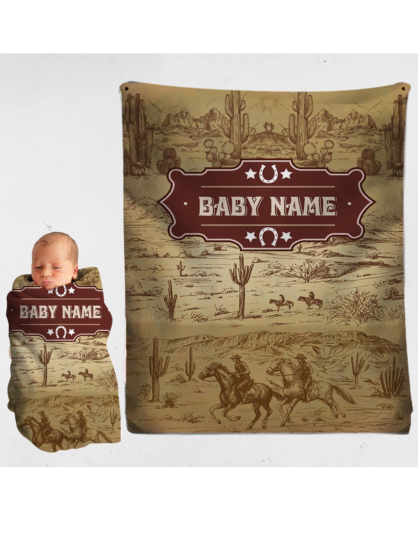 NAZENTI Personalized Baby Minky Blanket - Soft Western Cowboy Cowgirl Blanket for Boys & Girls | Blue Nursery Blanket for Baby Shower Gifts, Crib & Swaddling
