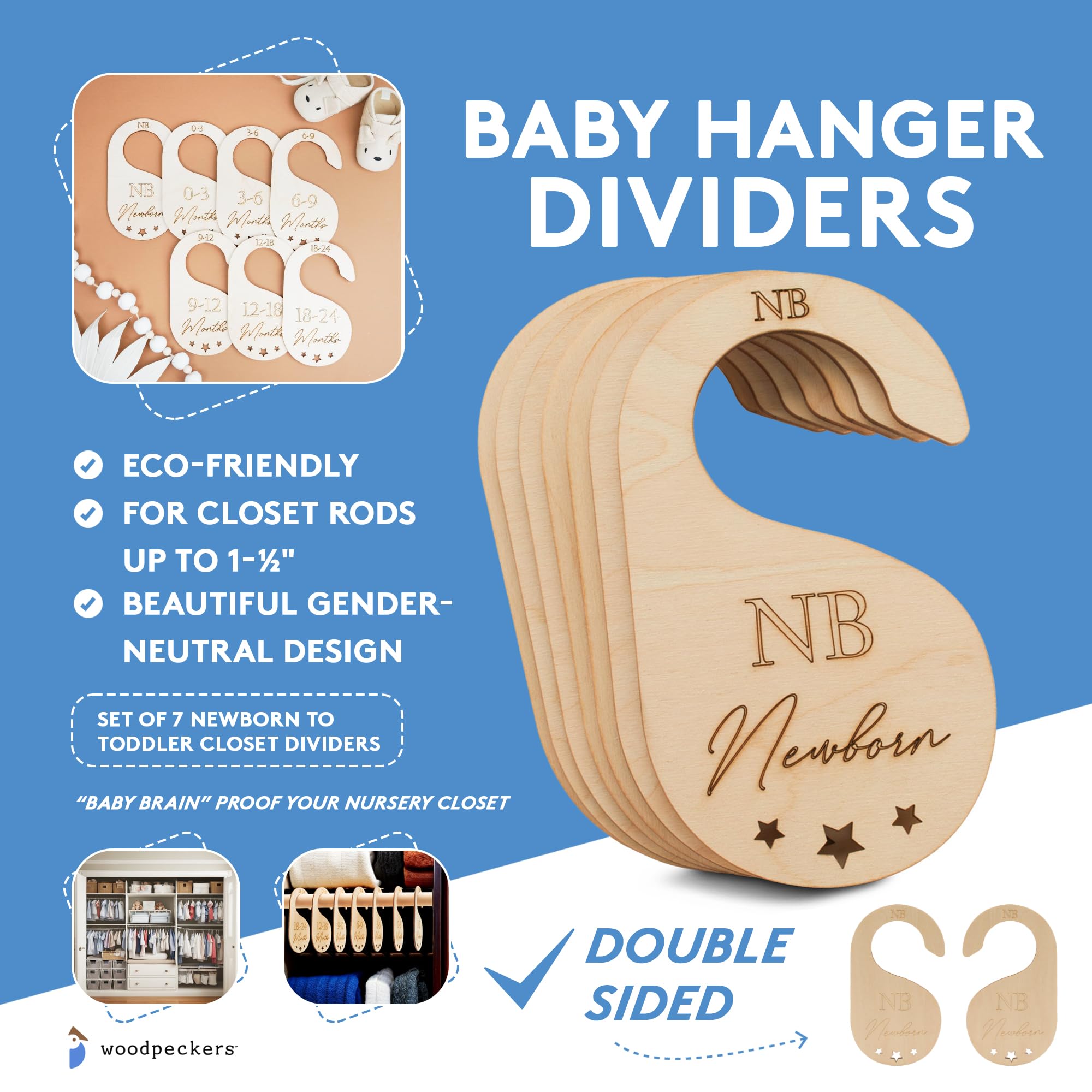 7-Piece Baby Closet Dividers Set - Double Sided Wooden Nursery Organizer for Newborn to Toddler Clothes | Hanging Closet Dividers for Standard Rods | Perfect for Nursery Organization & Baby Wardrobe Sorting