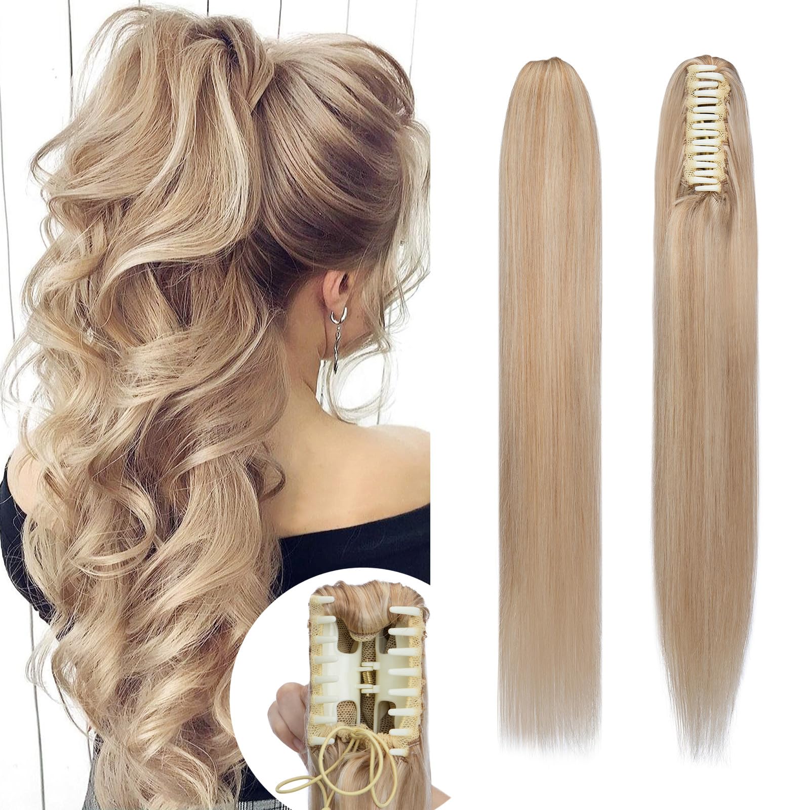 Premium Remy Human Hair Clip-In Ponytail Extension - 22 Inch Ash Blonde with Highlights | Natural Real Hair Ponytail for Women | Perfect for Parties, Weddings & Everyday Styling