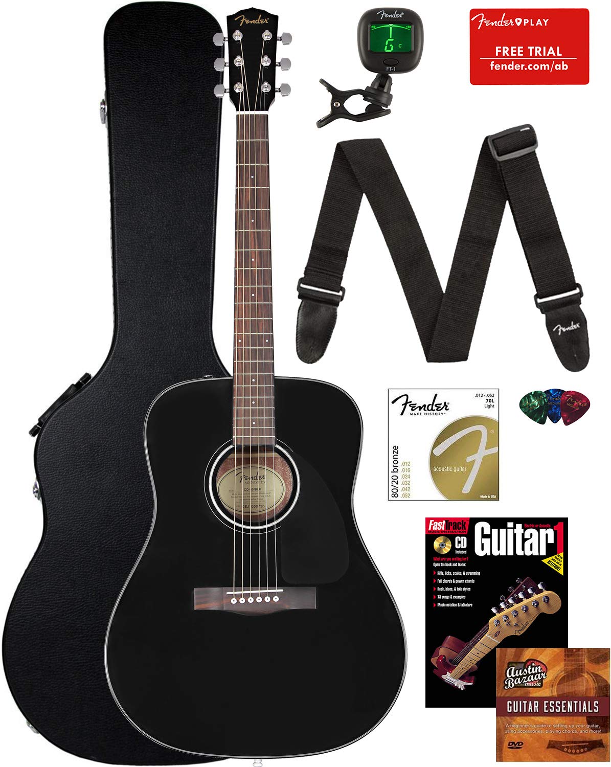 Fender CD-60 Dreadnought Acoustic Guitar Bundle - Black with Hard Case, Strap, Tuner, Strings, Picks & Instructional Book/DVD | Perfect for Beginners, Campfire Jams & Home Recording Studios