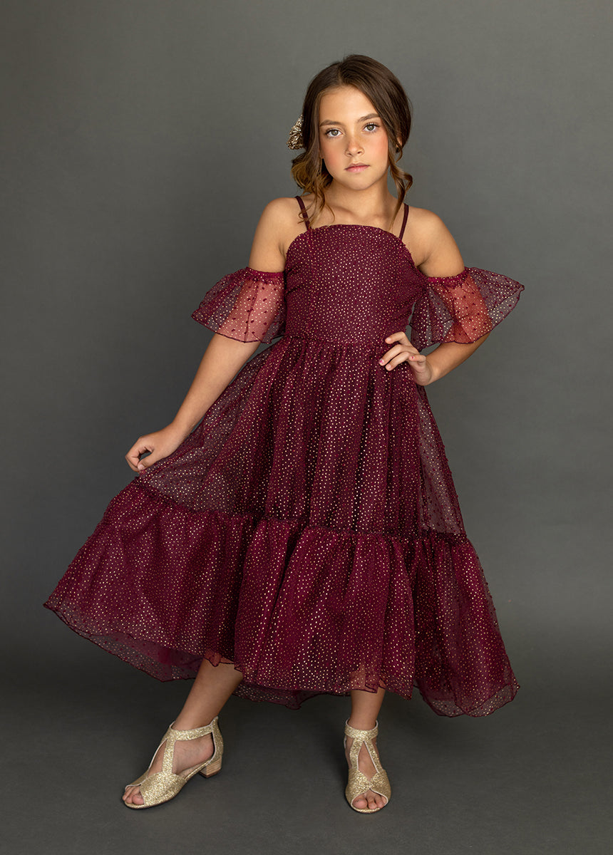 Chloe Burgundy Polka Dot Dress for Women - Elegant Floral Print Party Dress for Evening, Wedding, and Special Occasions