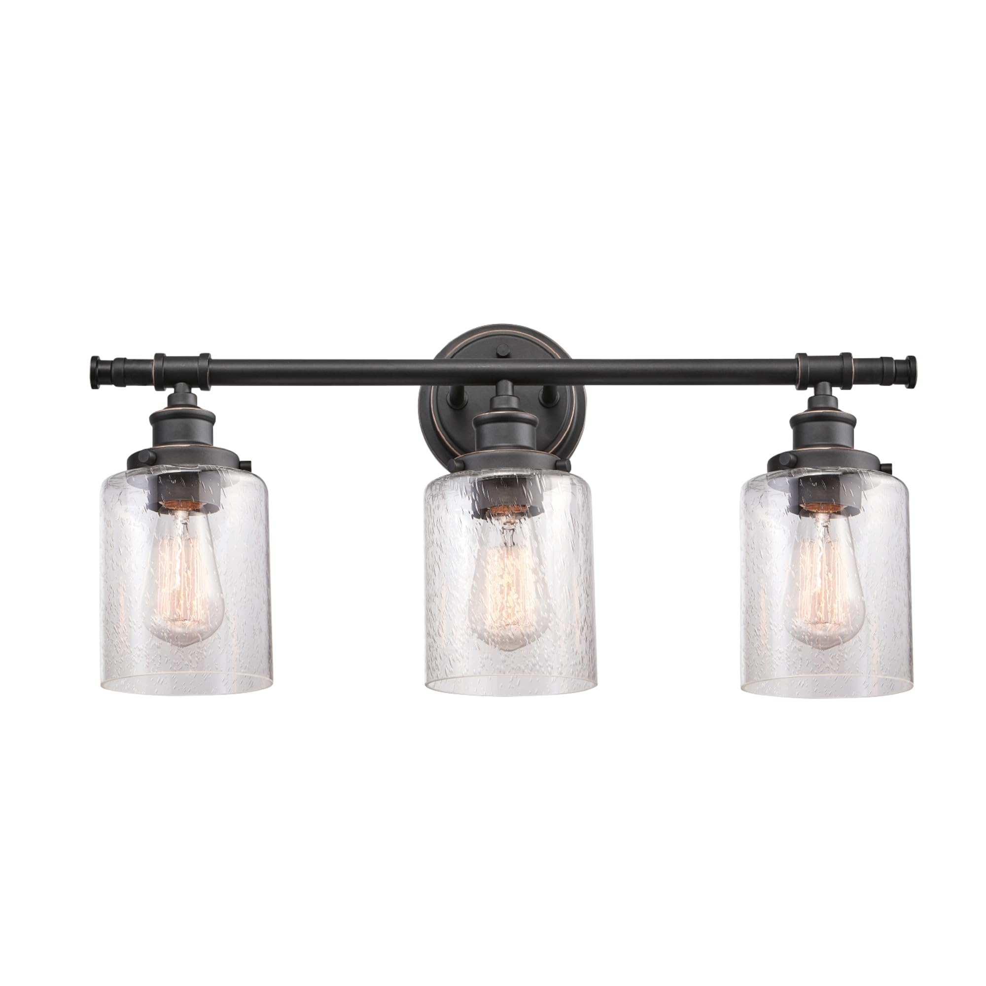 Globe Electric 51415 Camden 5-Piece Bathroom Set - 3 Vanity Lights with Seeded Glass Shades, Towel Bar, Ring, Robe Hook & Toilet Paper Holder in Bronze Finish | Perfect for Modern Bathroom Decor & Vanity Lighting