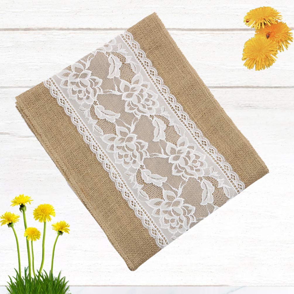 Amosfun 1pc Natural Jute Lace Table Runner for Christmas, Wedding, Home Decor - Macrame Linen Tablecloth & Table Flag - Perfect for Dining Tables, Buffets, and Party Decorations