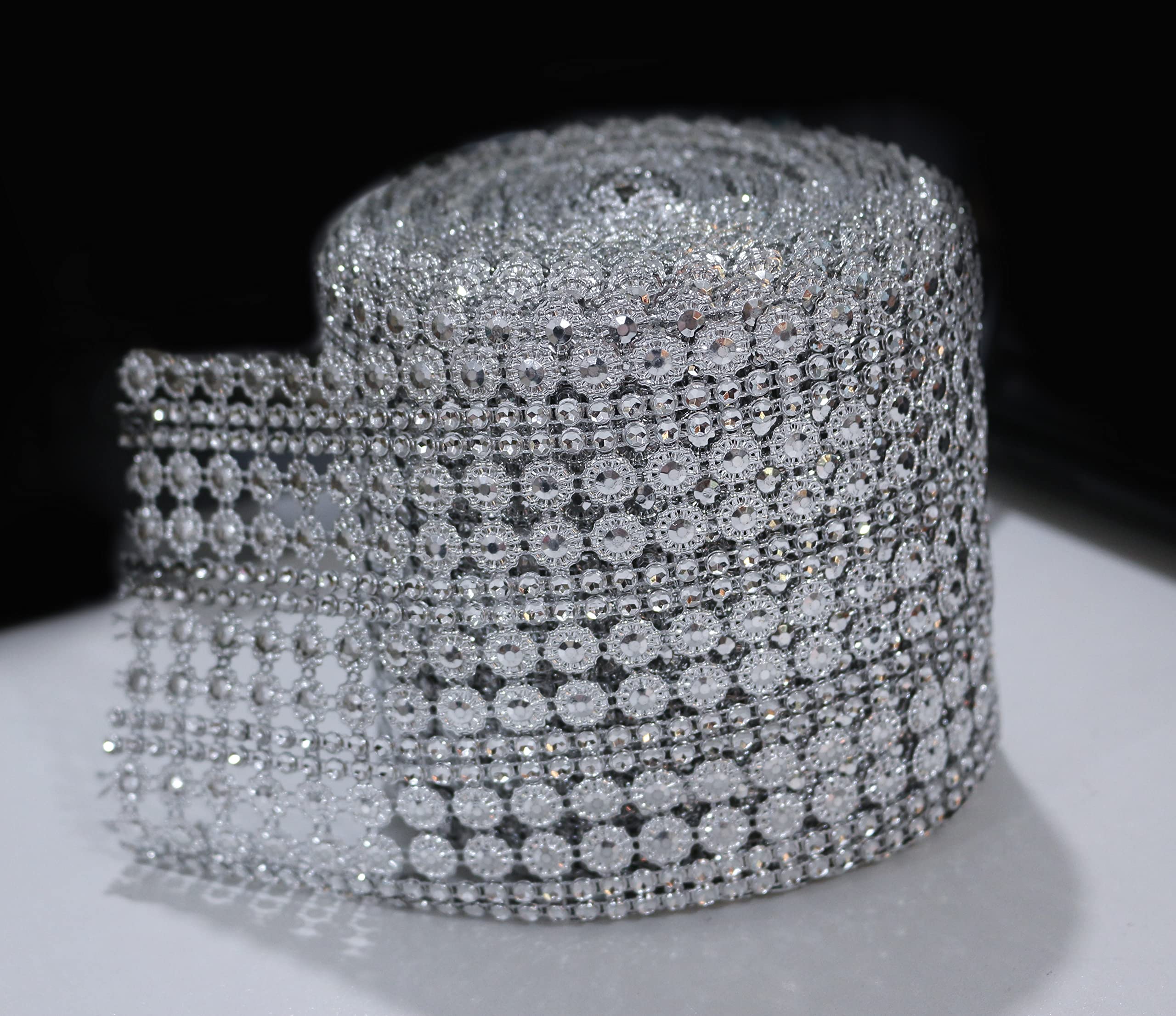 4.5 Inch x 2 Yards Sparkling Faux Crystal Rhinestone Mesh Ribbon - Flower Shaped Diamond Mesh Wrap Roll for Wedding Decorations, Birthday Parties, Baby Showers, Cake Decor & DIY Crafts | Perfect for Table Centerpieces, Gift Wrapping, and Costume Accessories