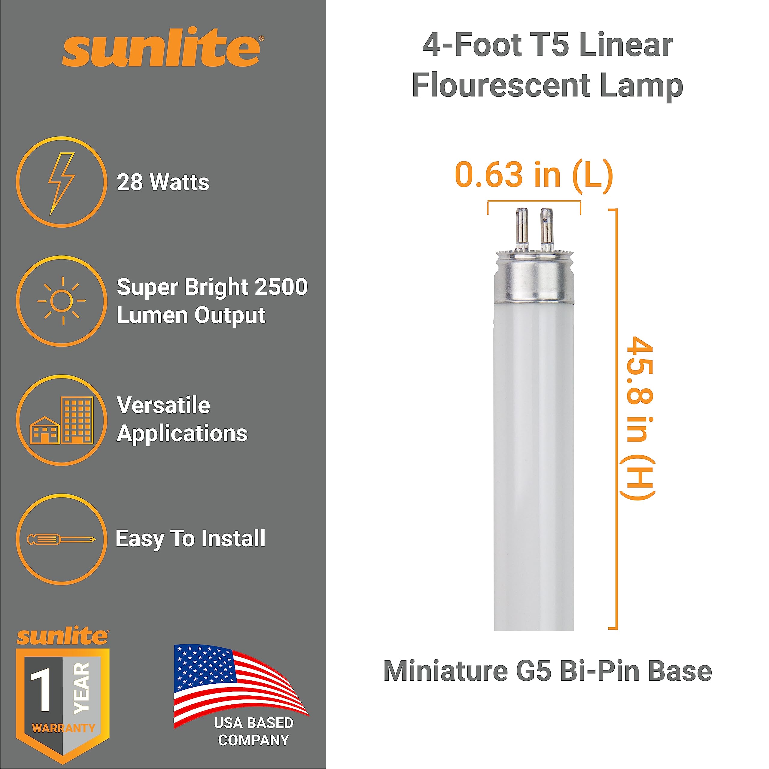 Sunlite 30340 F28T5/841 4 Foot T5 Linear Fluorescent Light Bulb - 28W, 2500 Lumens, 4100K Cool White, Mini G5 Bi-Pin Base, ROHS Compliant - High Performance Straight Tube for Office Lighting, Warehouse, Retail Stores - 40 Pack