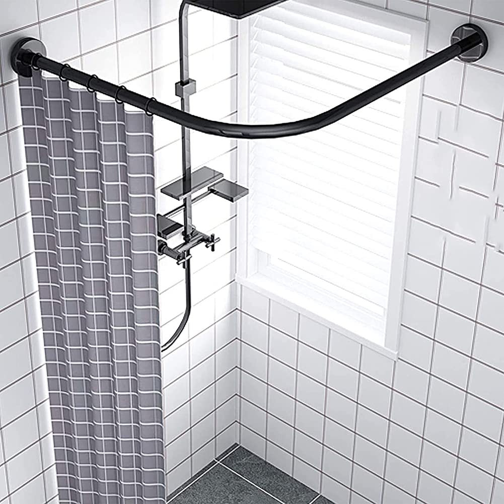 Stretchable Corner Shower Curtain Rod - No Drill Extendable L-Shaped Shower Bar, 304 Stainless Steel Telescoping Curtain Rod for Bathroom, Dressing Room & Closet (Black) - Perfect for Small Spaces and Corner Showers
