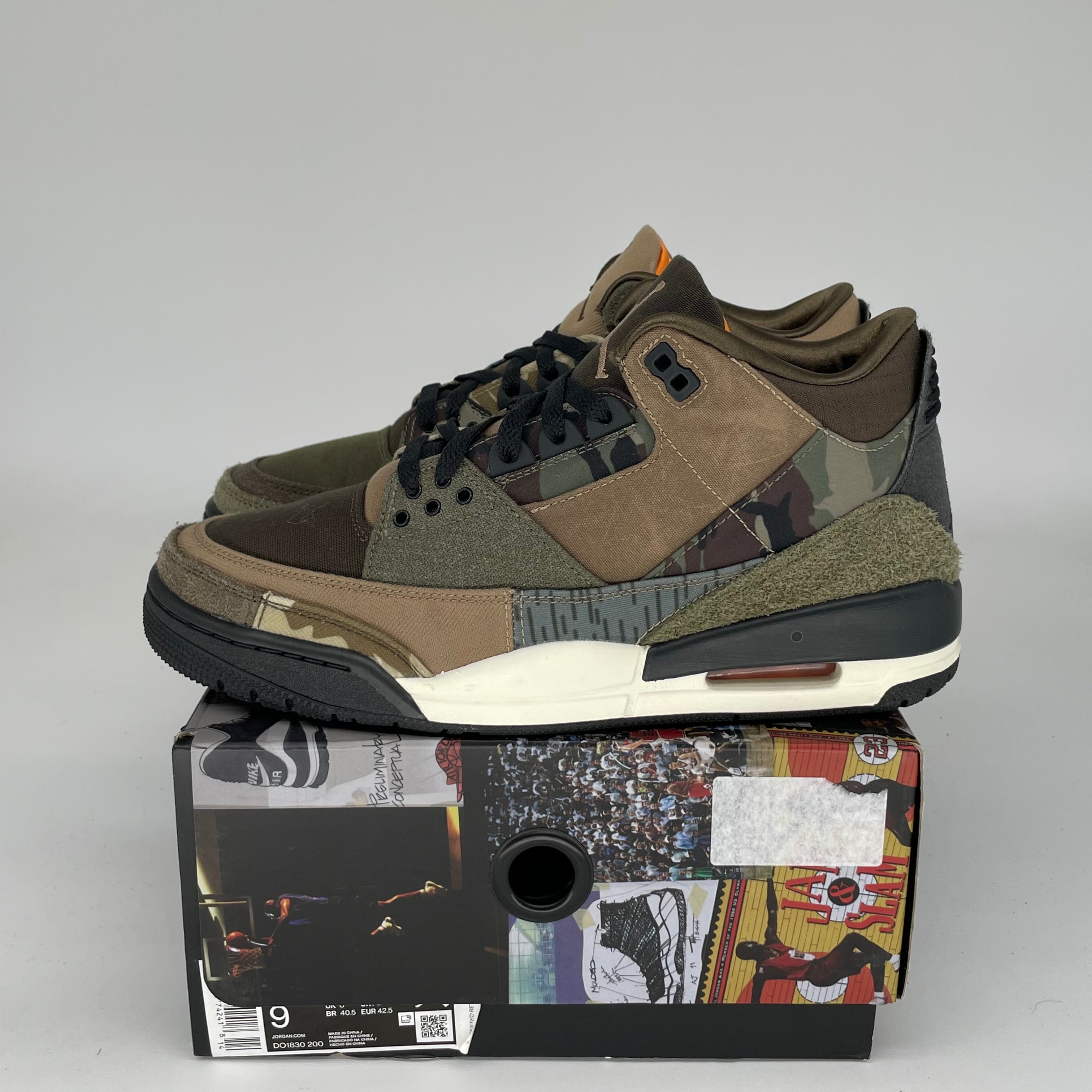 Original Air Jordan 3 Patchwork Camo Sneakers - Size 9 (DO1830-200) - Retro Basketball Shoes for Men, Streetwear & Casual Fashion