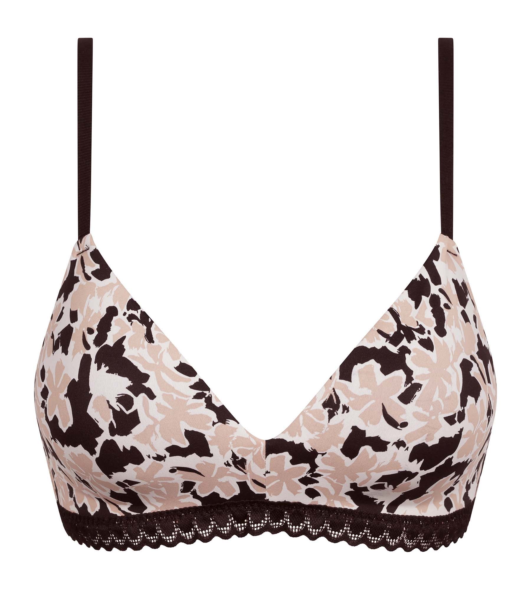 Wireless Padded Triangle Bralette Floral Lace Beige - Comfortable Everyday Wear for Yoga, Lounge & Sleep