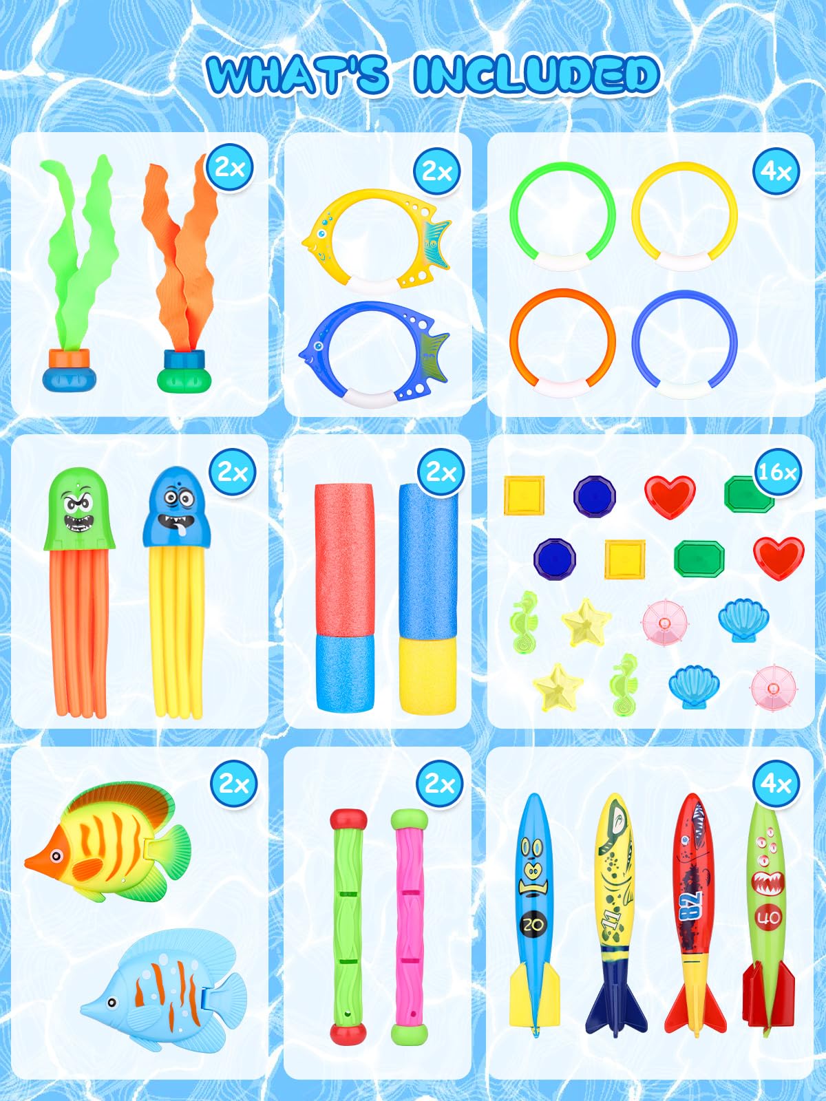 36Pcs Pool Toys for Kids Ages 3-12 - Underwater Diving Set with Torpedoes, Seaweed, Diamonds & Rings - Fun Summer Swim Pool Games for Boys and Girls - Perfect for Backyard Pools, Beach Parties & Swimming Lessons