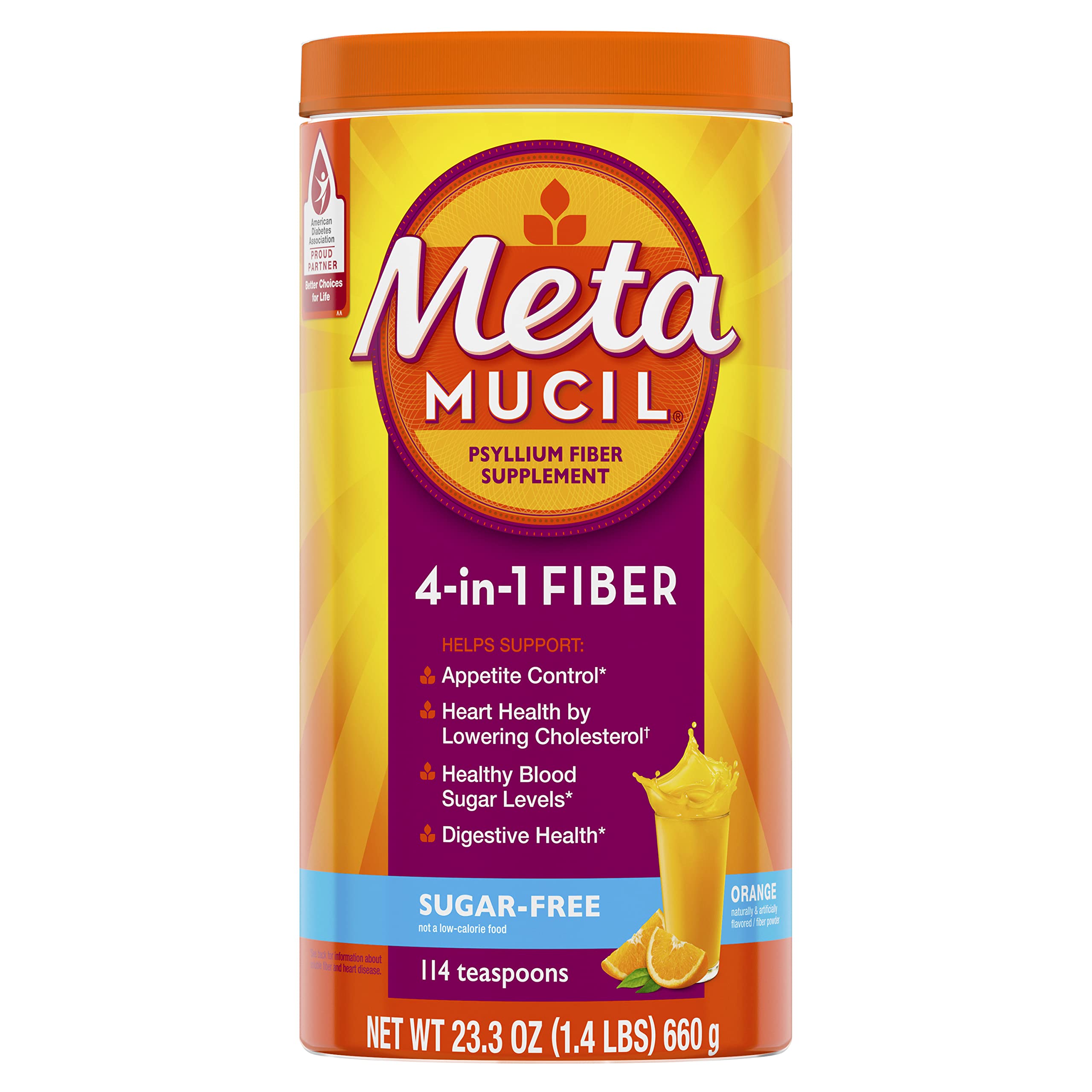 Metamucil Sugar-Free Psyllium Husk Fiber Powder - 4-in-1 Digestive Health Supplement, Orange Flavor (114 Servings) | Daily Fiber Drink for Gut Health & Regularity | Perfect for Smoothies, Shakes & Healthy Morning Routines