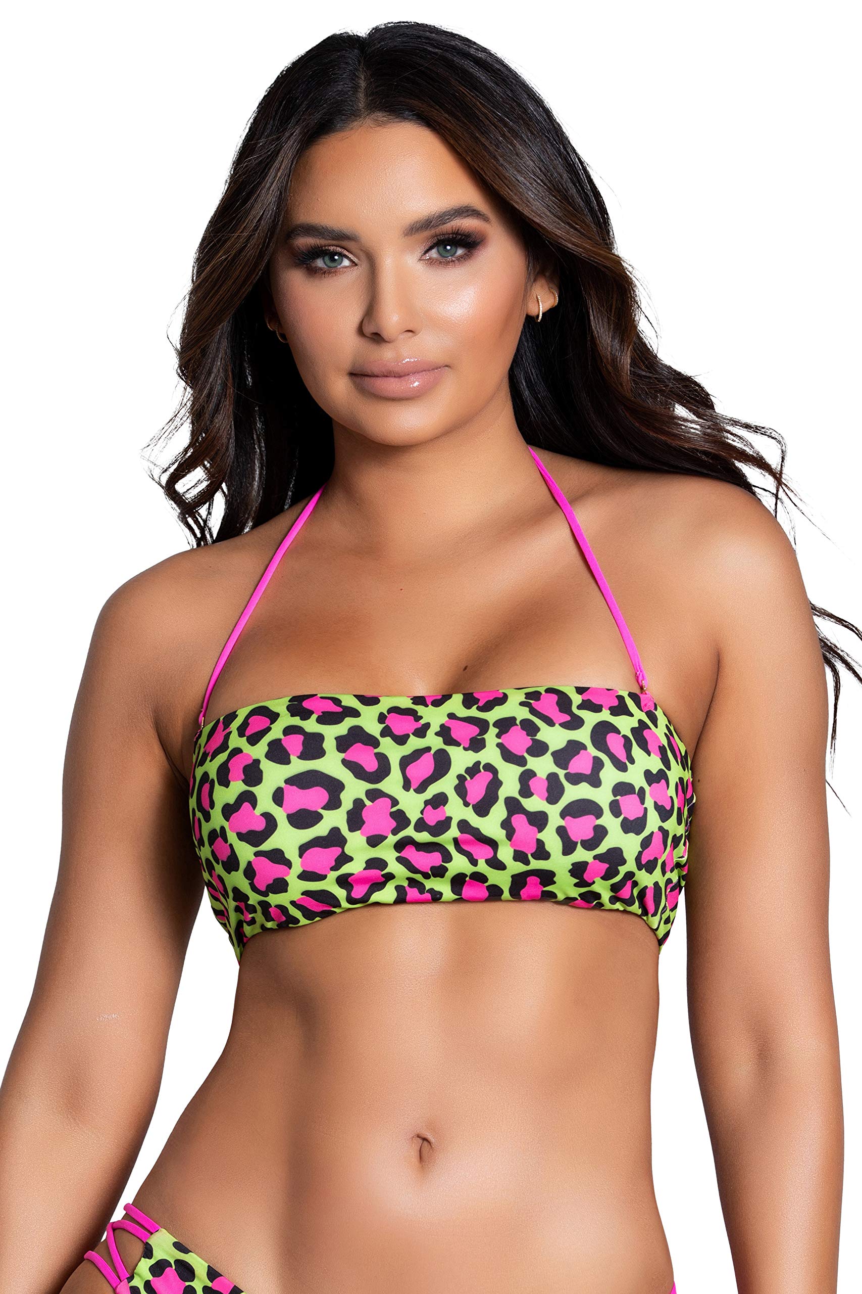 Yandy Animal Print Bandeau Swim Top - Adjustable Halter Straps & Lace-Up Back | Sexy One-Piece Swimsuit for Beach, Pool Party & Summer Vacation
