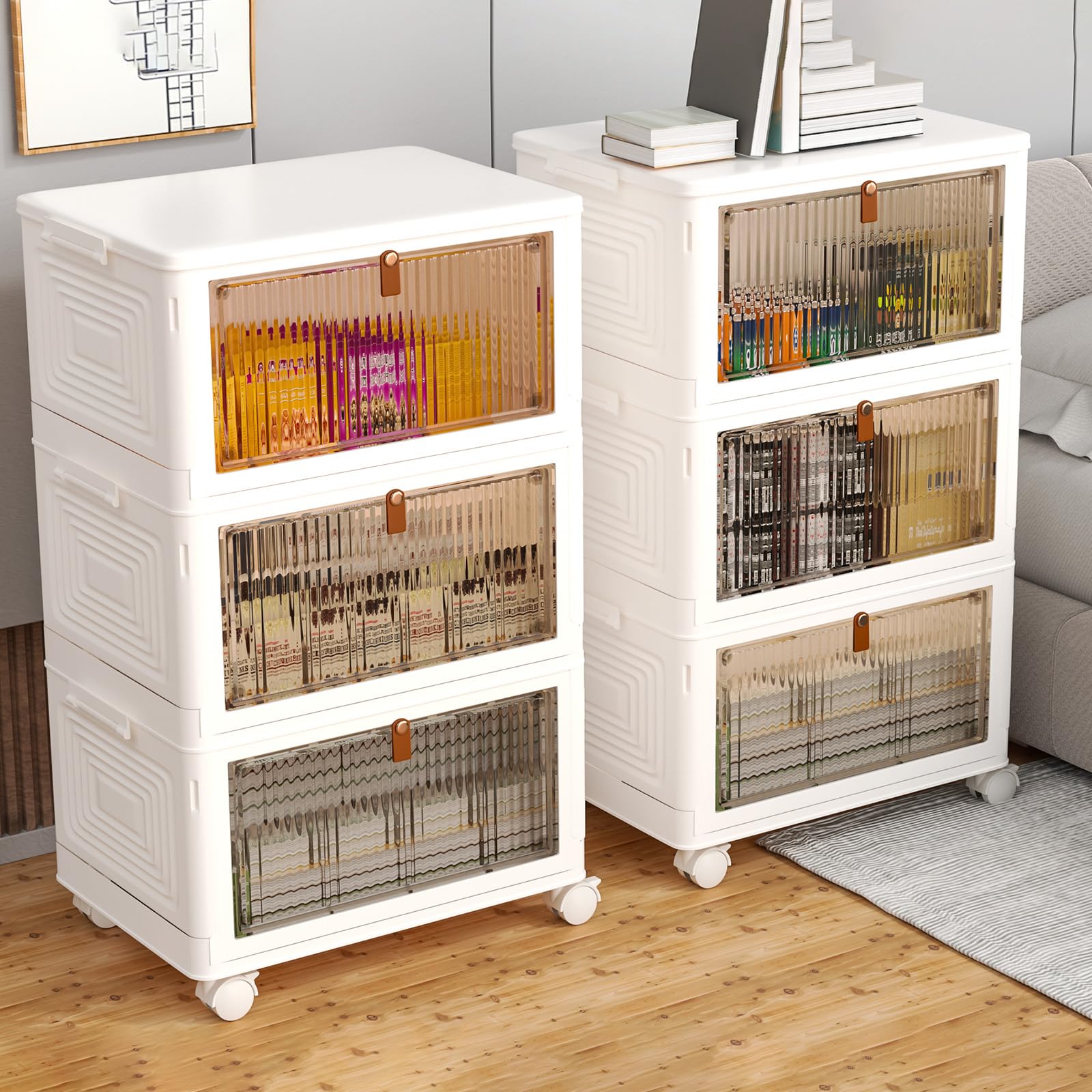 3 Tier Plastic Storage Bins with Lids 36QT - Stackable, Collapsible Storage Containers with Wheels - Foldable Storage Boxes for Closet, Living Room, Office & Dorm Organization - Space Saving Home Storage Solution