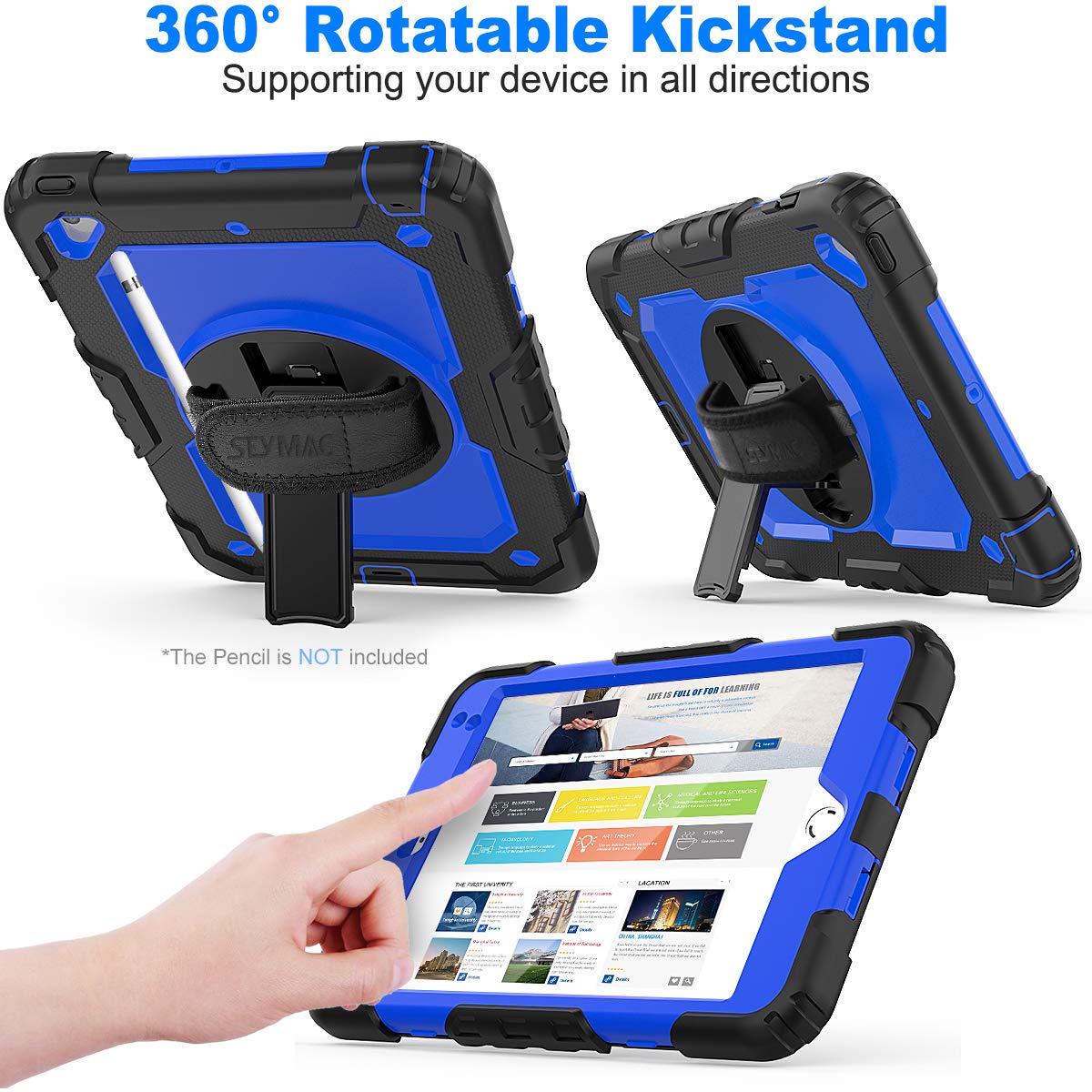 SEYMAC 360° Rotating Stand Case with Screen Protector & Pencil Holder for iPad Mini 5/4 (7.9 Inch) - Shockproof Protective Cover with Hand Strap (Blue & Black) | Perfect for Drawing, Note-Taking & Travel Use