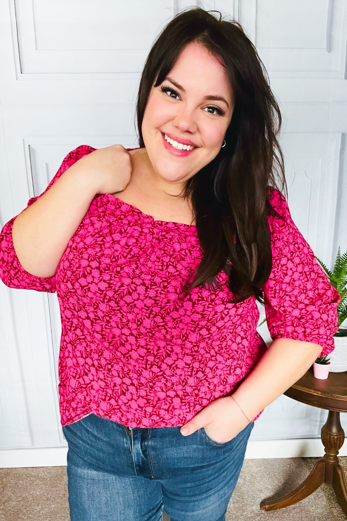 Perfectly You Fuchsia Floral Print Three Quarter Sleeve Square Neck Blouse for Women | Casual Spring Summer Tops for Office Wear & Date Night Outfits