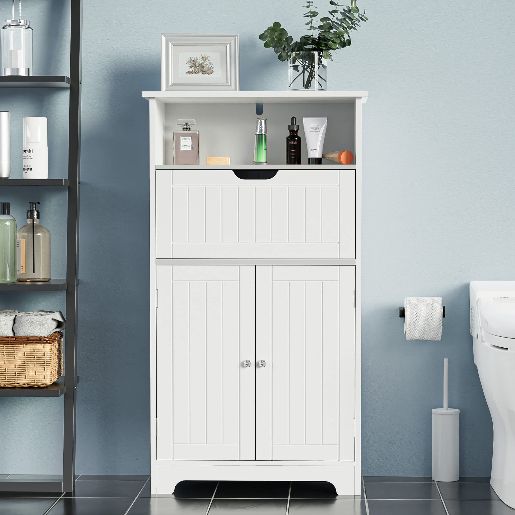 43 Inch White Bathroom Storage Cabinet with Drawer & Doors - Tall Bathroom Floor Cabinet for Bathroom, Kitchen, Bedroom & Living Room Organization | Perfect for Towel Storage, Toiletries & Home Decor