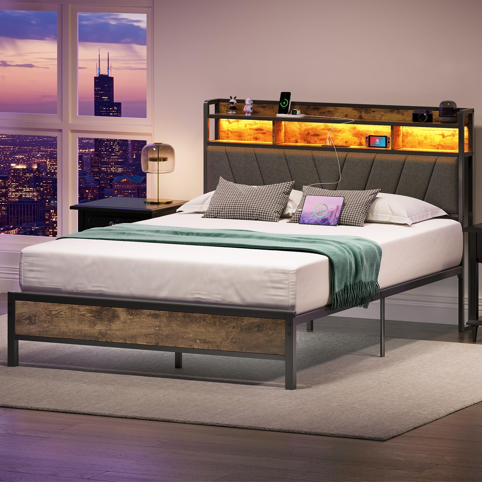 Queen Size Bed Frame with LED Headboard & USB Charging Station - Sturdy Metal Platform Bed with Underbed Storage, Noise-Free Design, No Box Spring Needed, Brown - Perfect for Modern Bedrooms, Guest Rooms & Small Spaces