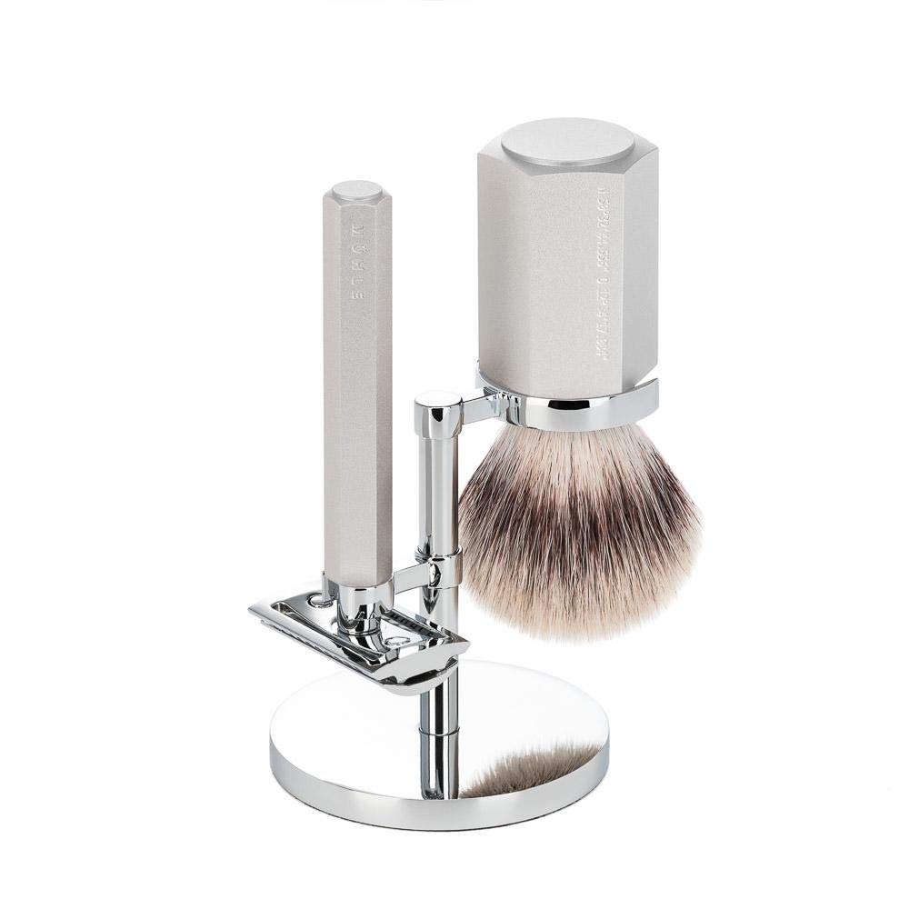 Premium MÜHLE HEXAGON Anodised Silver Silvertip Fiber 3-Piece Shaving Set for Men - Luxury Wet Shaving Kit with Stand, Brush & Razor - Perfect Gift for Father's Day & Grooming Enthusiasts