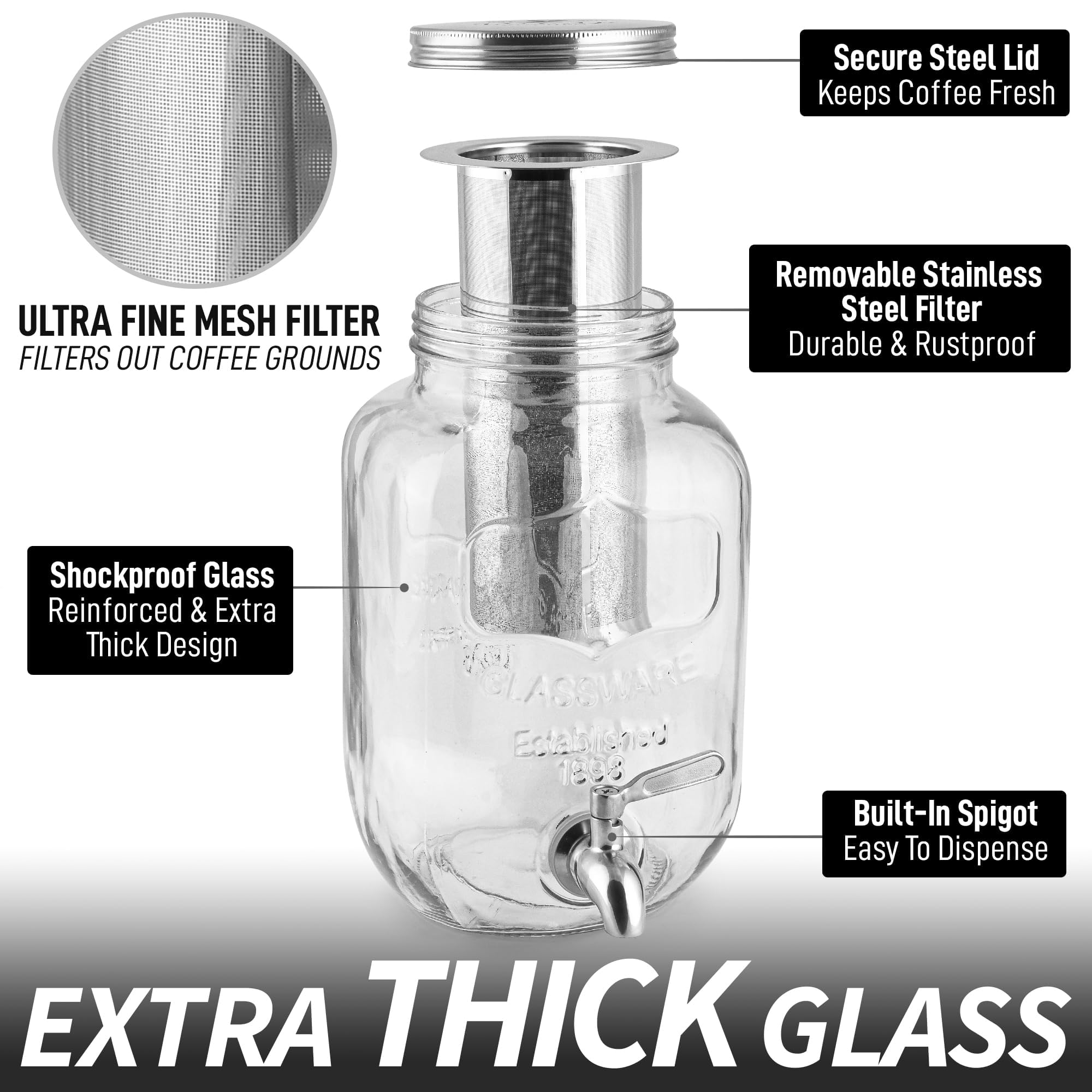 Zulay Kitchen 1 Gallon Cold Brew Coffee Maker - Large Iced Tea & Cold Brew Pitcher with Extra-Thick Glass & Stainless Steel Infuser - Airtight Lid & Spout for Freshness - Perfect for Home, Office, or Outdoor Use (Silver)