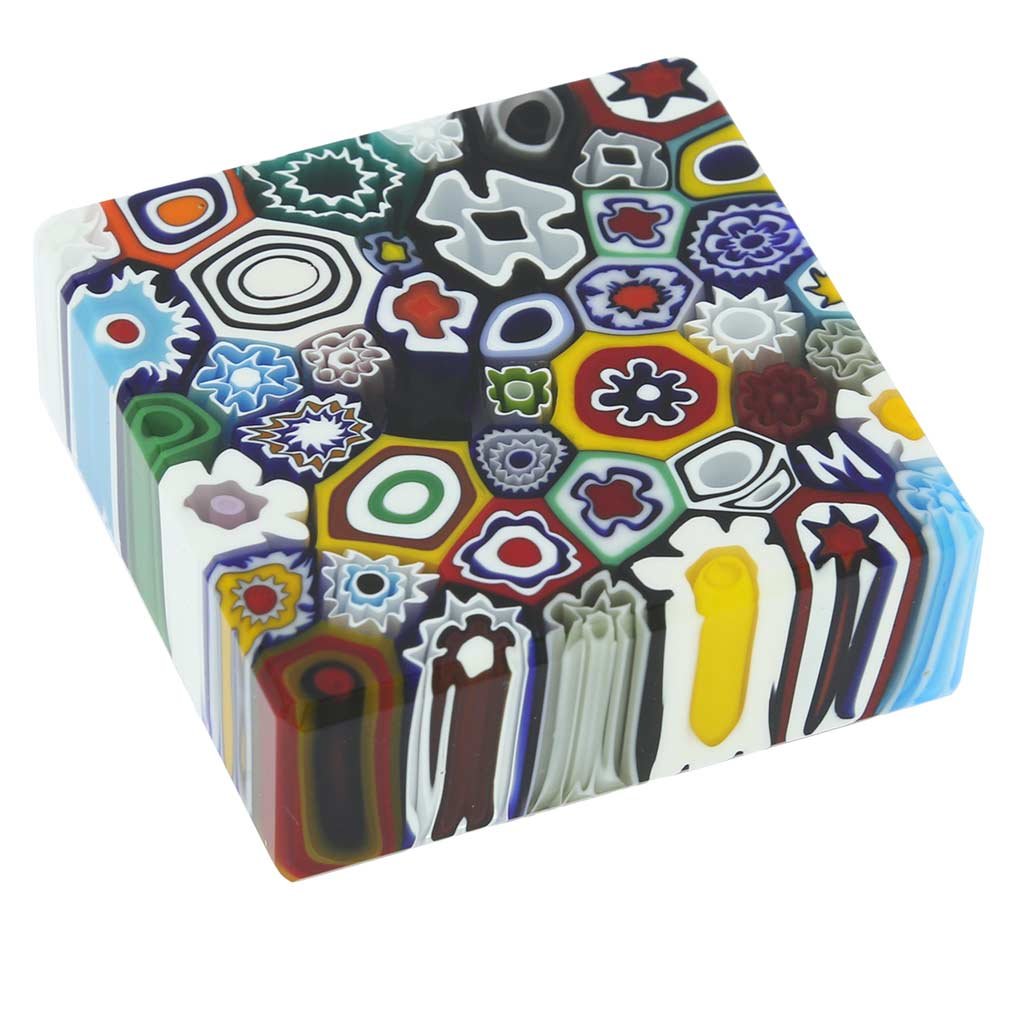 Authentic Murano Glass Millefiori Square Paperweight from Venice - Medium Size Handcrafted Italian Art Glass - Perfect for Office Desk Decor & Luxury Gift