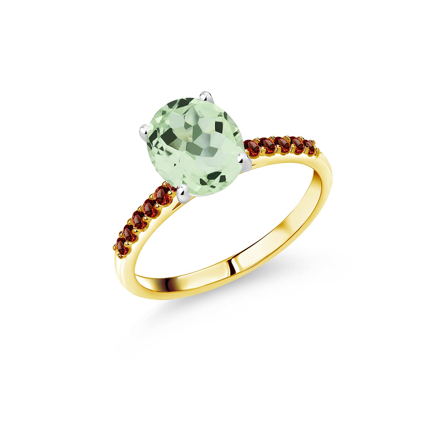 3.41 Ct Natural Green Prasiolite & Red Garnet 10K Yellow Gold Ring with White Gold Prongs | Elegant Wedding, Engagement & Anniversary Jewelry Gift for Women