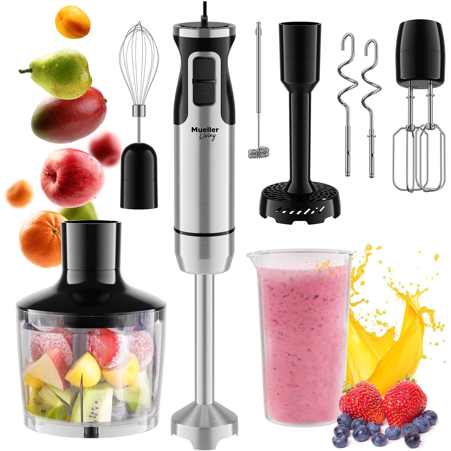 **MuellerLiving 8-Speed Immersion Hand Blender Set with 7 Attachments - Stainless Steel Blade, Whisk, Milk Frother, Beater, Mixing Hooks, Potato Masher & Chopper Bowl - Perfect for Smoothies, Soups, Baking & Food Prep**