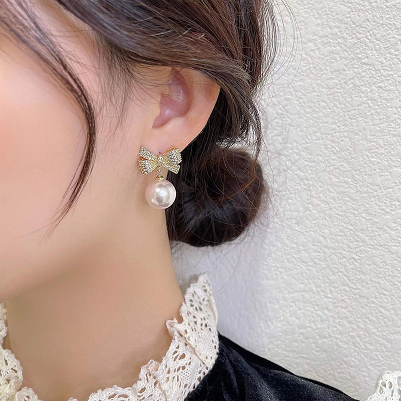 Trendy Rhinestone Bow Pearl Dangle Earrings for Women - Elegant Prom Wedding Party Jewelry, Valentine's Day Gifts for Her | Perfect for Date Nights, Bridal Showers & Special Occasions