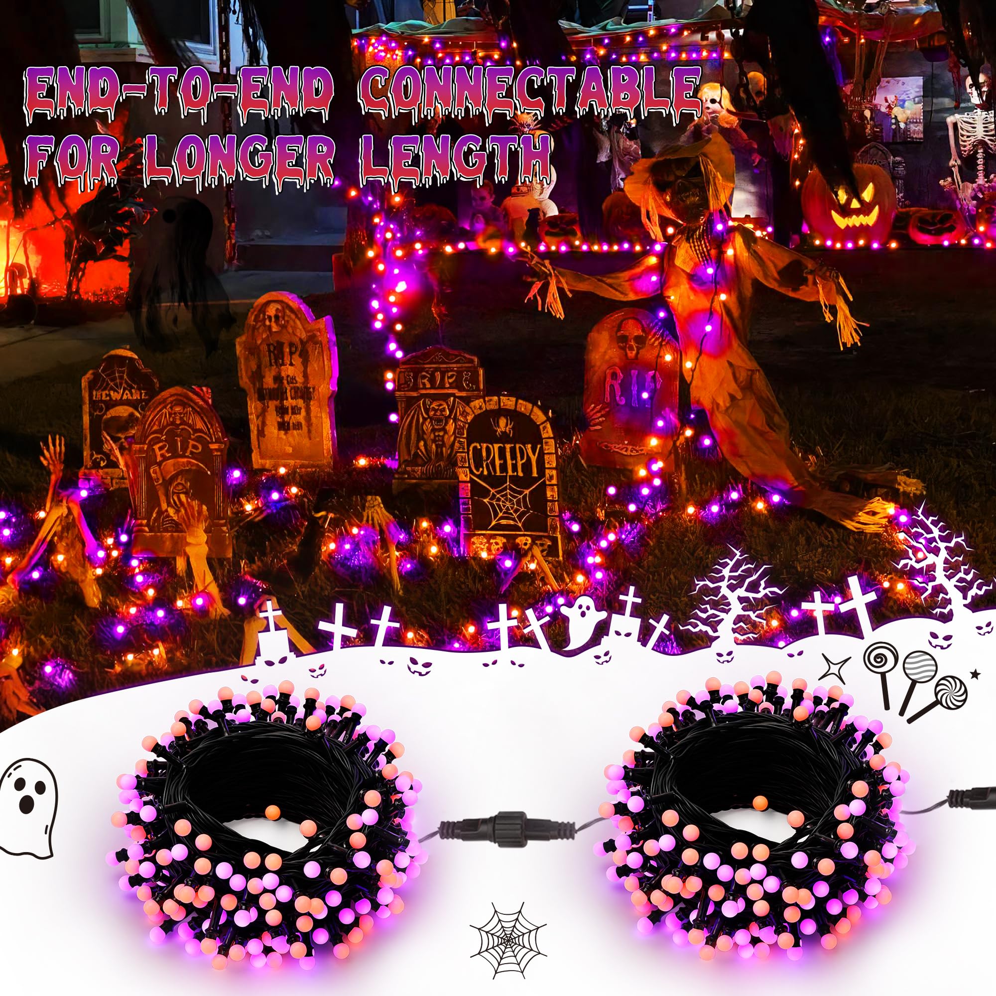 Brizled Purple & Orange Halloween LED String Lights - 66ft 200 LED Connectable Fairy Lights with 8 Lighting Modes & Timer - Waterproof Outdoor/Indoor Decor for Garden, Tree, Party, Wedding, Christmas