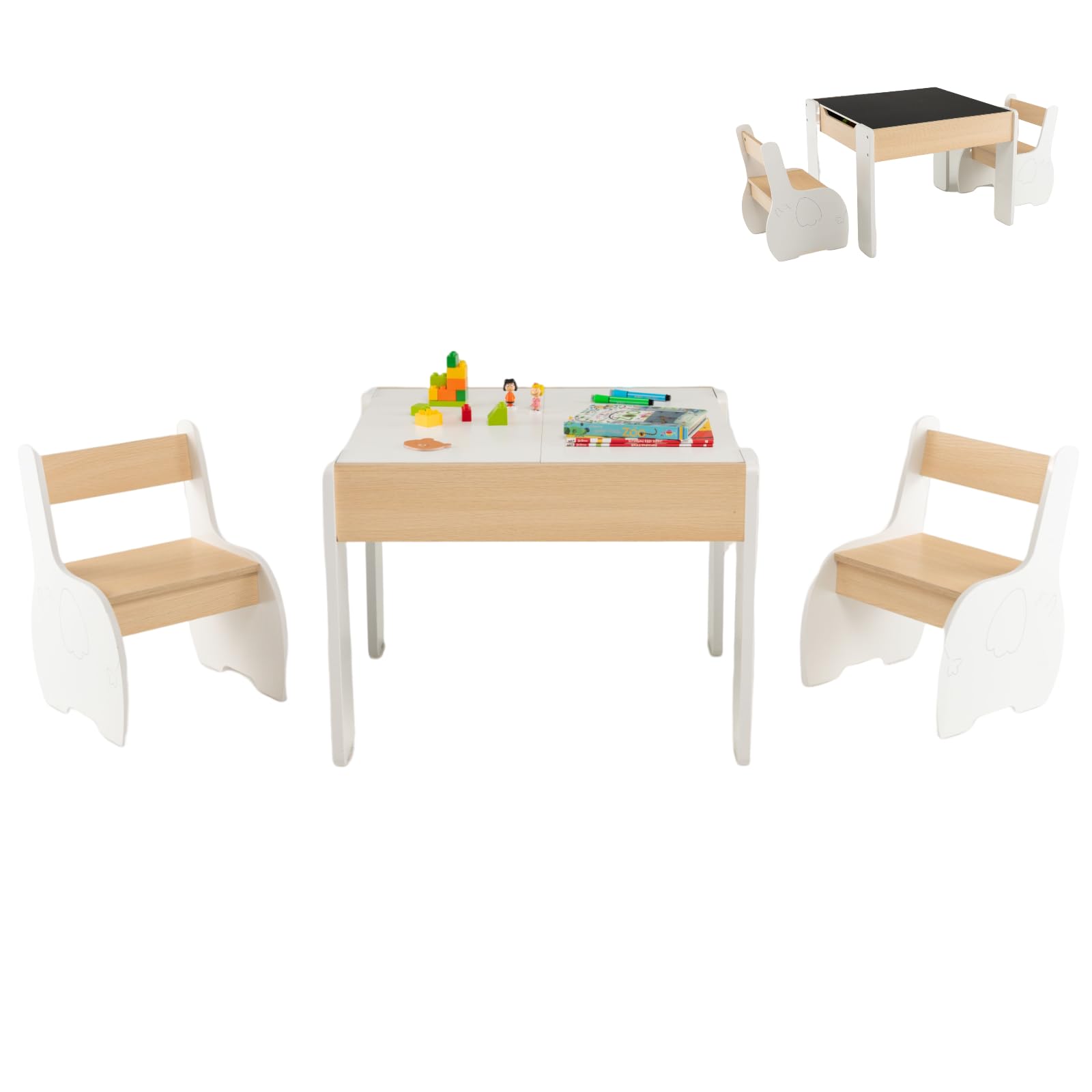 HONEY JOY 4-in-1 Kids Wooden Table and Chair Set with Storage - 2 Chairs, Reversible Blackboard & Activity Table for Art, Crafts, Learning - Toddler Furniture Gift for Boys & Girls (White) - Perfect for Playrooms, Preschools & Home Learning Spaces
