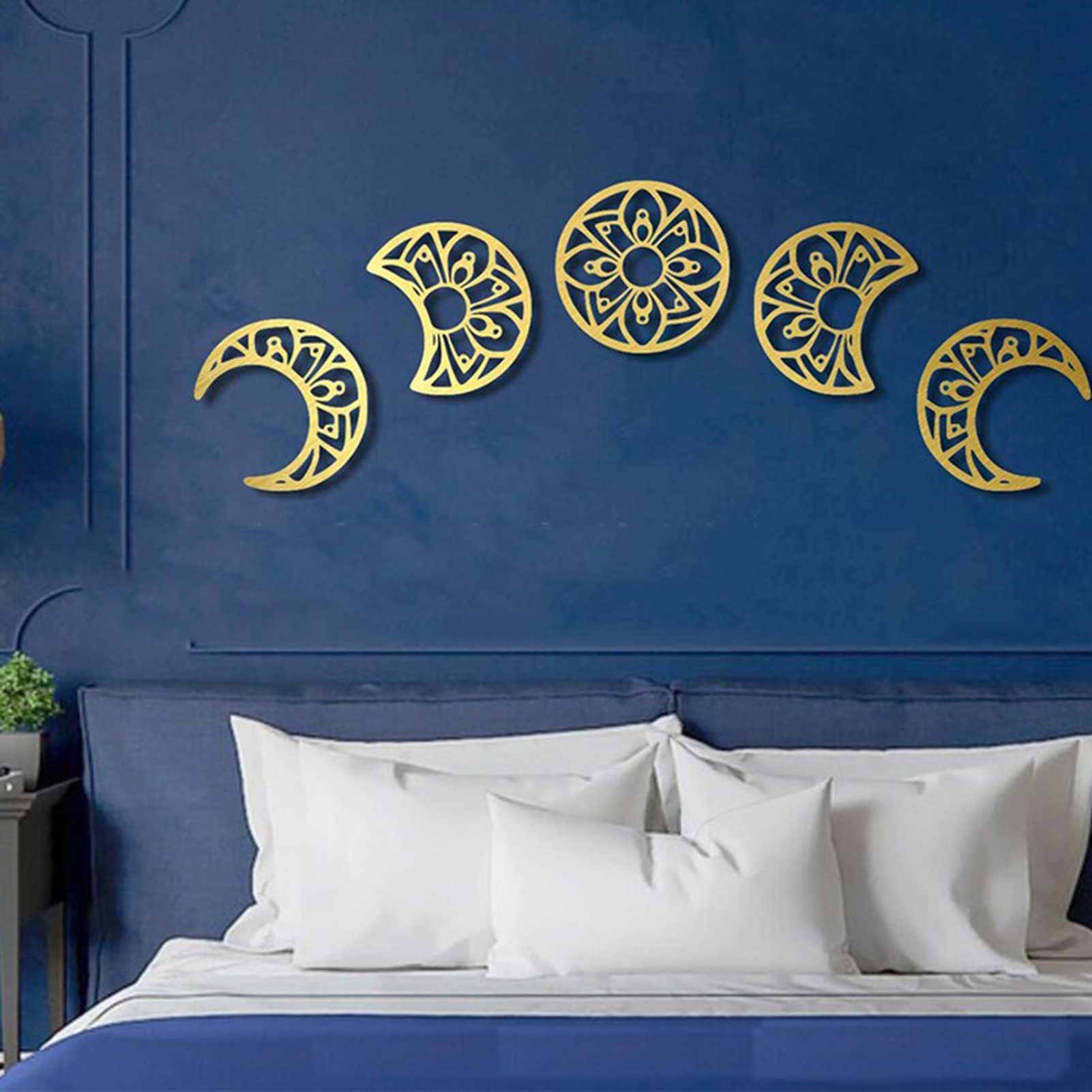 5-Piece Metal Mandala Moon Wall Art Set - Boho Wall Decor for Living Room, Bedroom - Bohemian Style Home Decor - Perfect for Meditation Spaces & Yoga Rooms