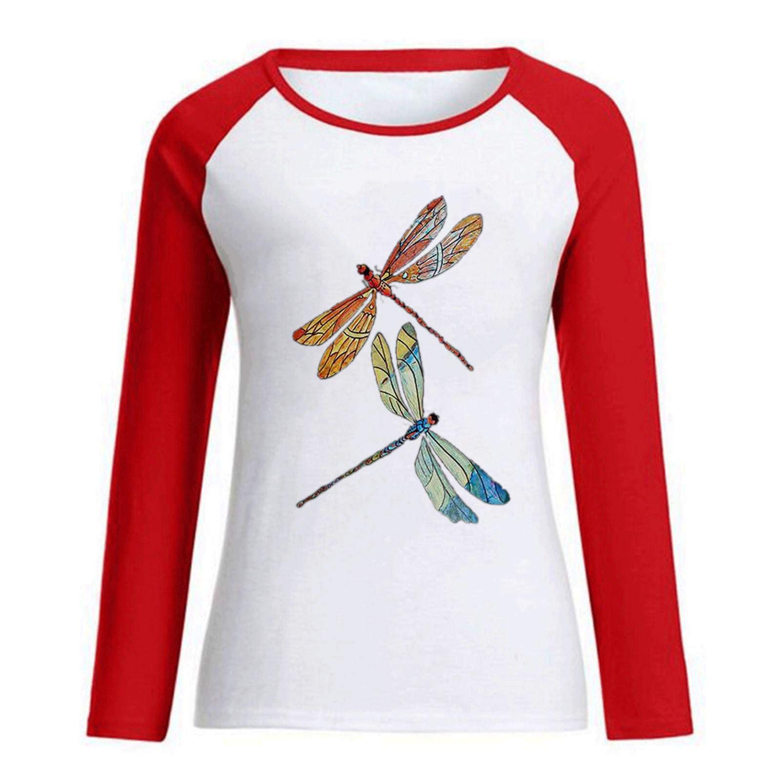 Women's Long Butterfly Sleeve Printed T-Shirt - Flowy Blouse with O-Neck - Casual Tunic Top (Red, Size M) for Summer Outfits, Beach Wear & Boho Fashion