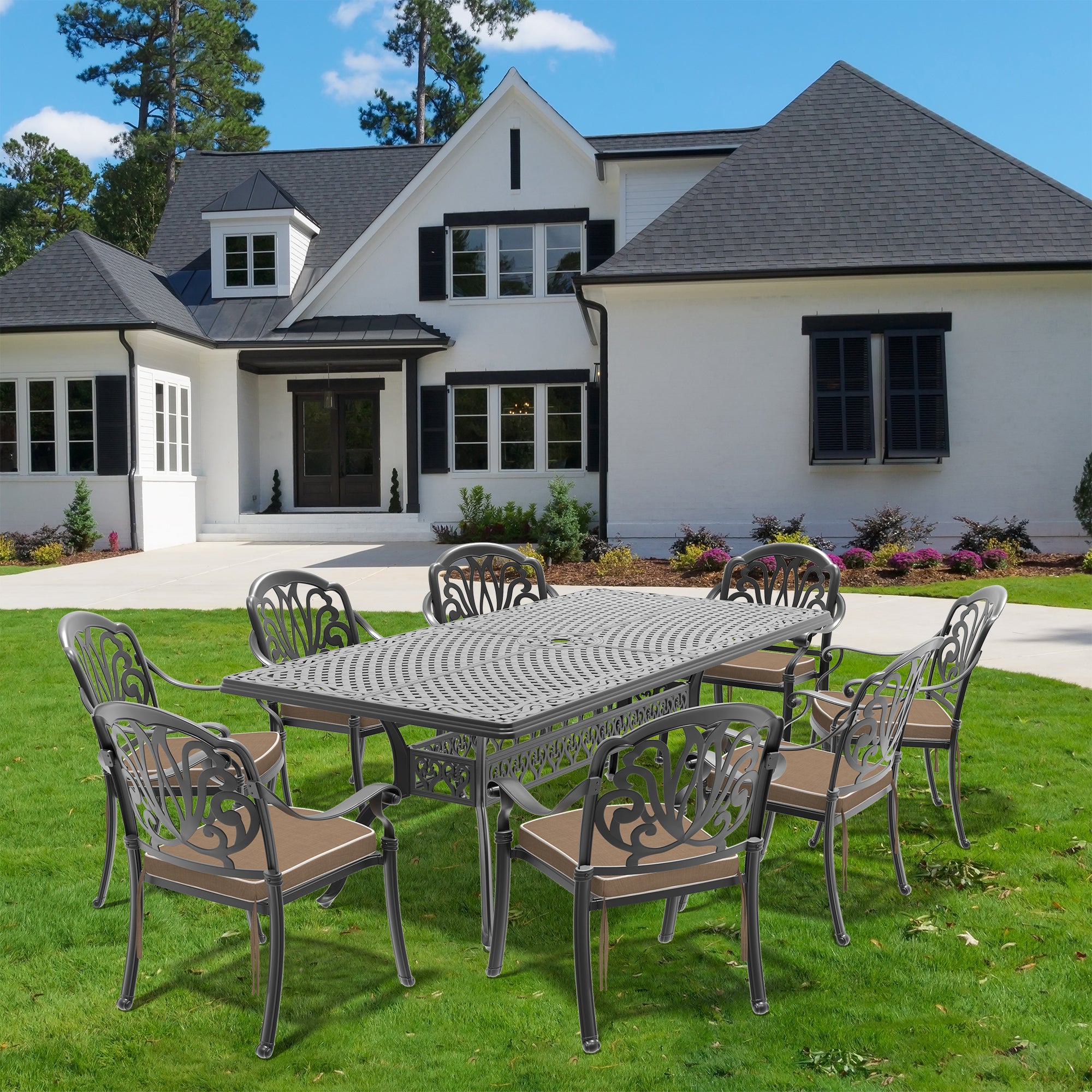 9-Piece Cast Aluminum Patio Furniture Set with Cushions - Outdoor Dining & Lounge Chairs - Durable Weather-Resistant Garden Furniture for Backyard, Poolside & Patio Use