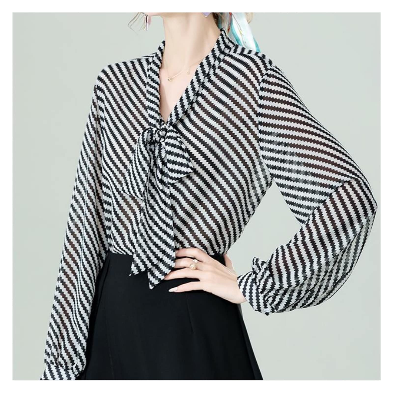 Elegant Striped V-Neck Bow Lantern Sleeve Chiffon Blouse for Women - Spring Casual Loose Oversized Pullover Shirt (Color A, Size S) | Perfect for Office Wear, Date Nights & Spring Outfits