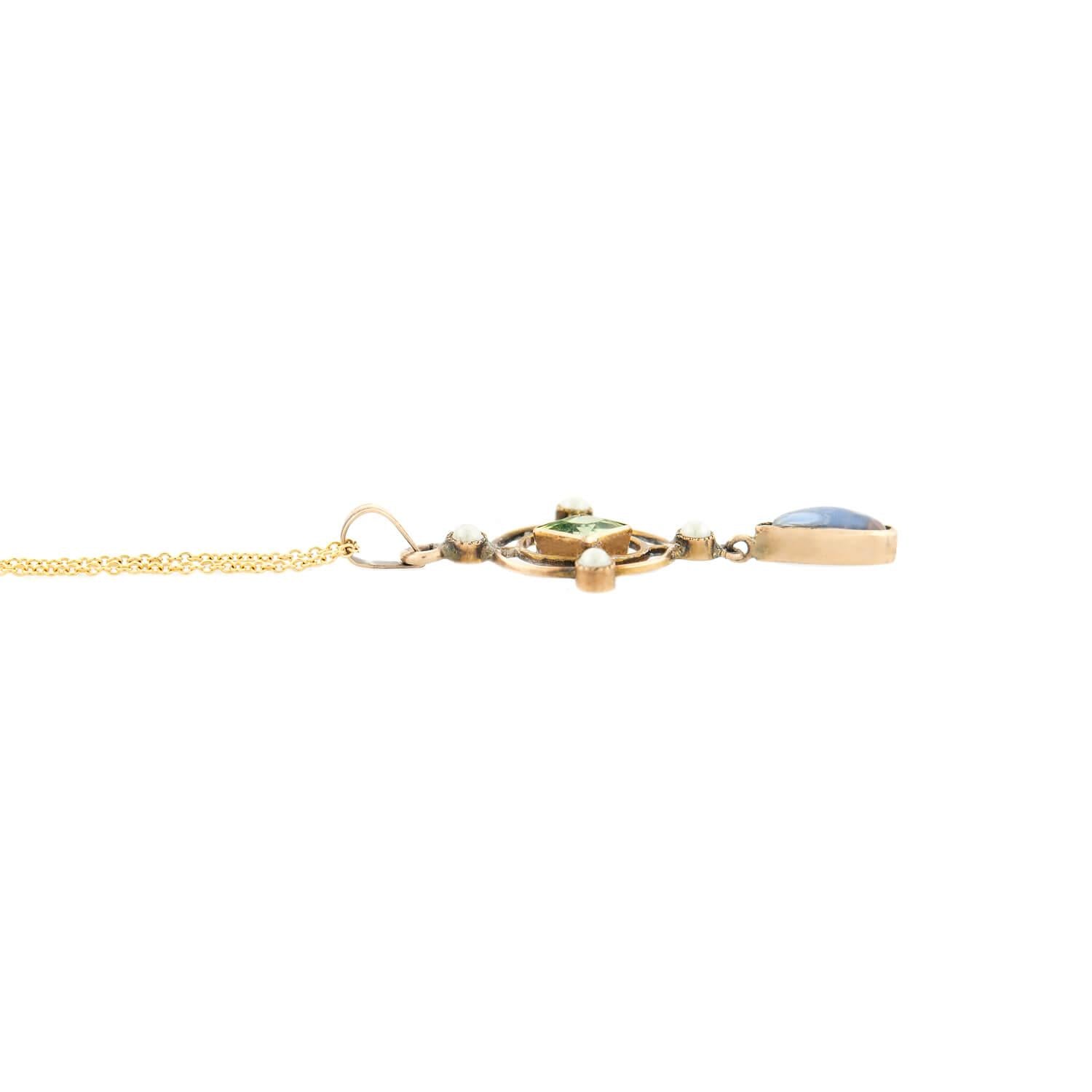 10k Gold Art Nouveau Lavalier Necklace with Peridot, Moonstone & Pearl – Elegant Vintage Jewelry for Weddings, Parties & Special Occasions
