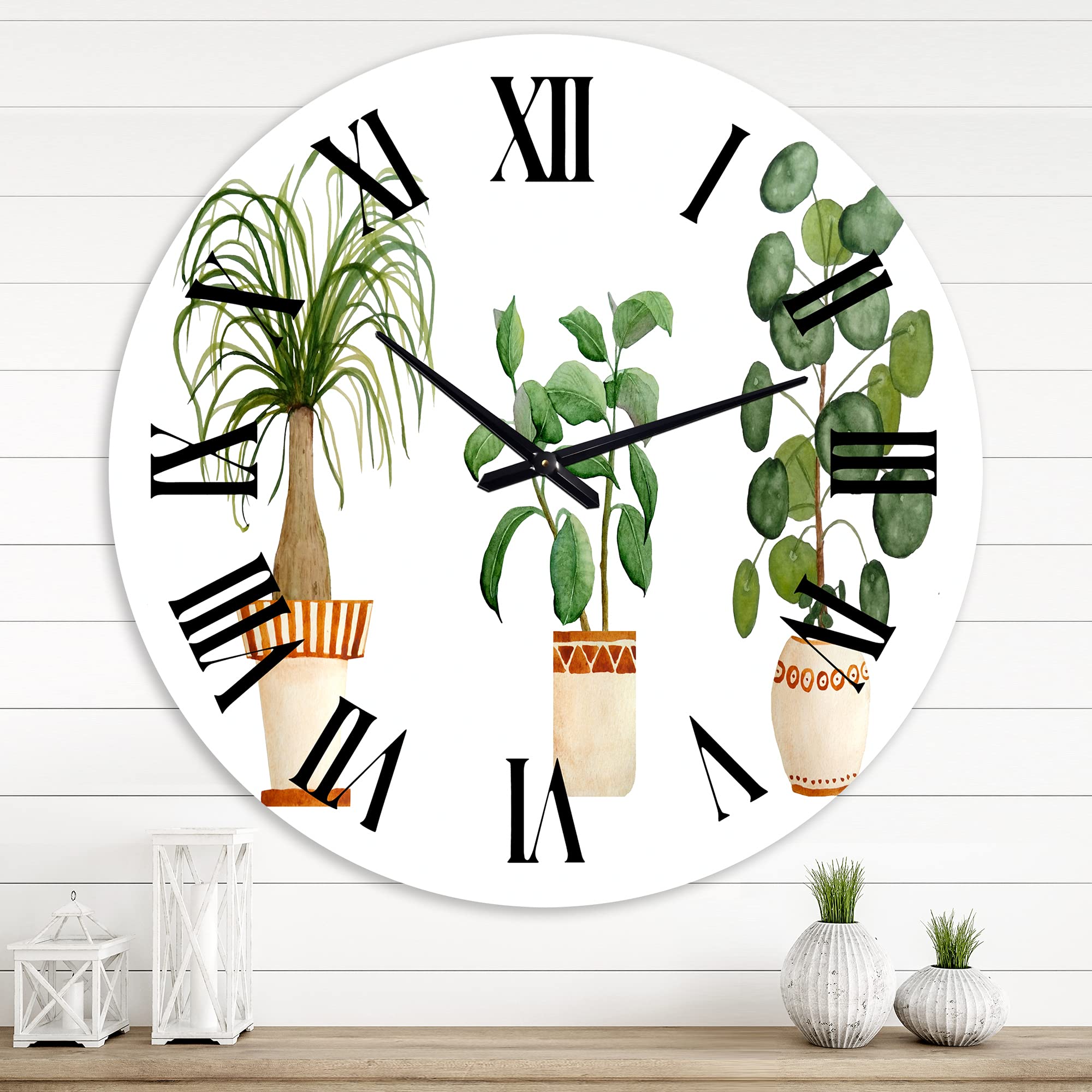 DesignQ Traditional Wall Clock - Trio of House Plants (Ponytail Palm & Ficus) - Floral Botanical Large Wall Decor for Living Room, Bedroom, Office - Perfect for Home & Office Décor