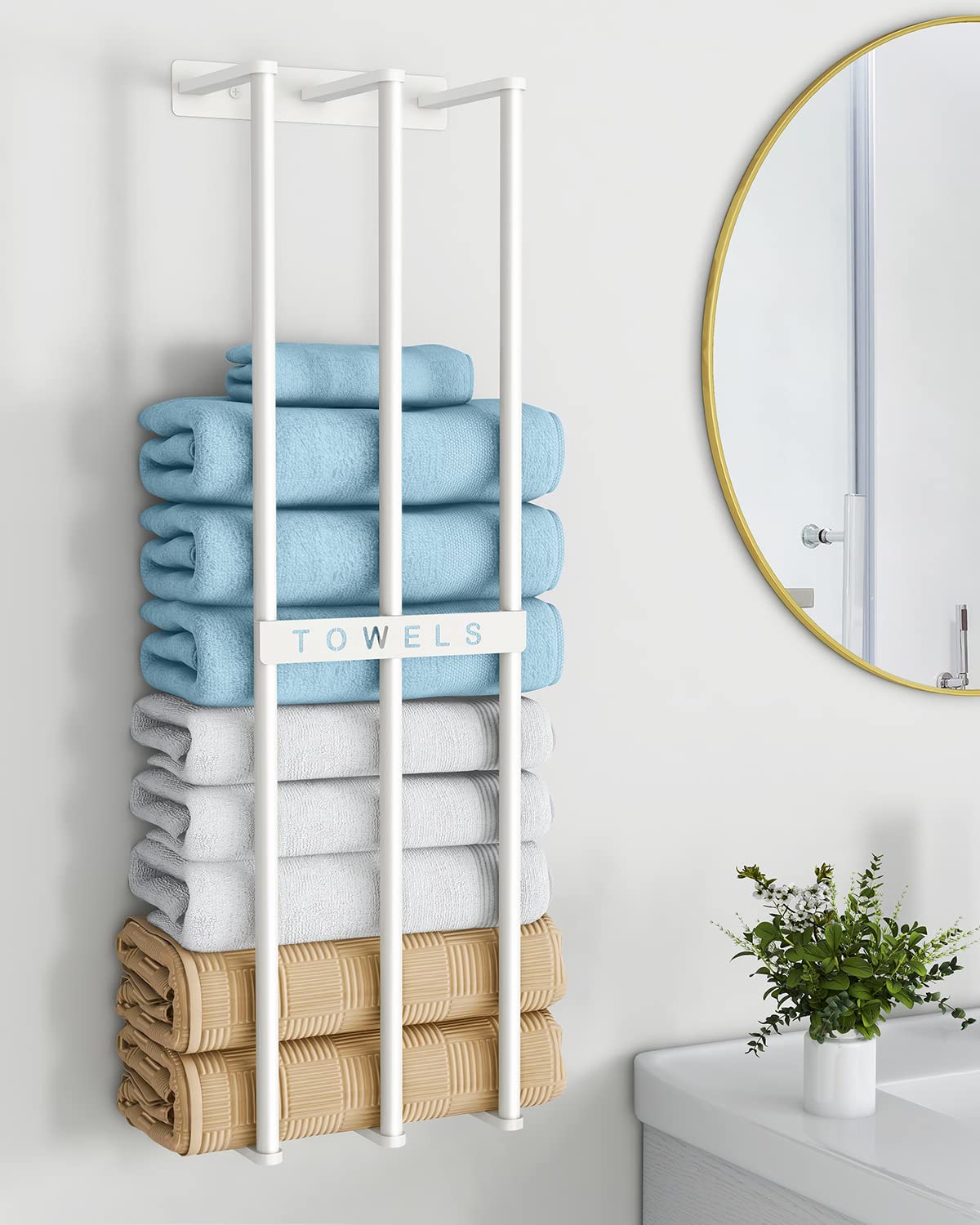 Bethom Wall Mounted Bathroom Towel Holder - Space Saving Towel Rack for Rolled Towels & Washcloths, White - Perfect for Small Bathrooms & Compact Spaces