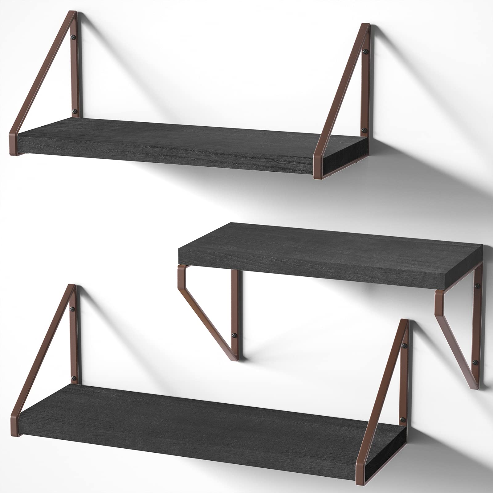 Love-KANKEI Floating Shelves Set of 3 - Rustic Wall Mounted Storage Shelves with Black/Brown Brackets for Living Room, Bedroom, Kitchen - Perfect for Displaying Decor, Books, and Organizing Small Items