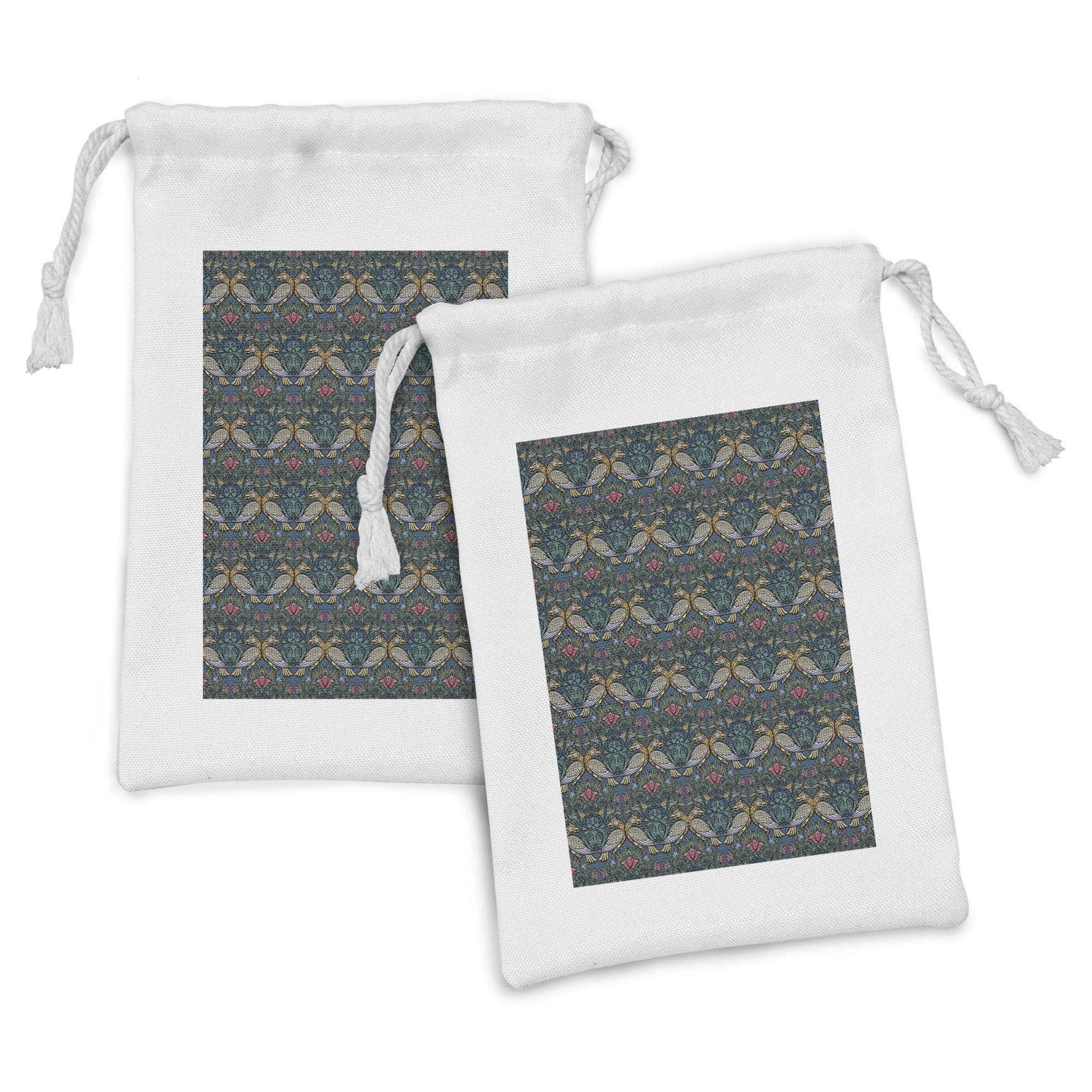 Ambesonne 2-Piece Folk Fabric Pouch Set - Victorian Style Drawstring Bags with Cartoon Poppies, Bluebells & Birds - 9