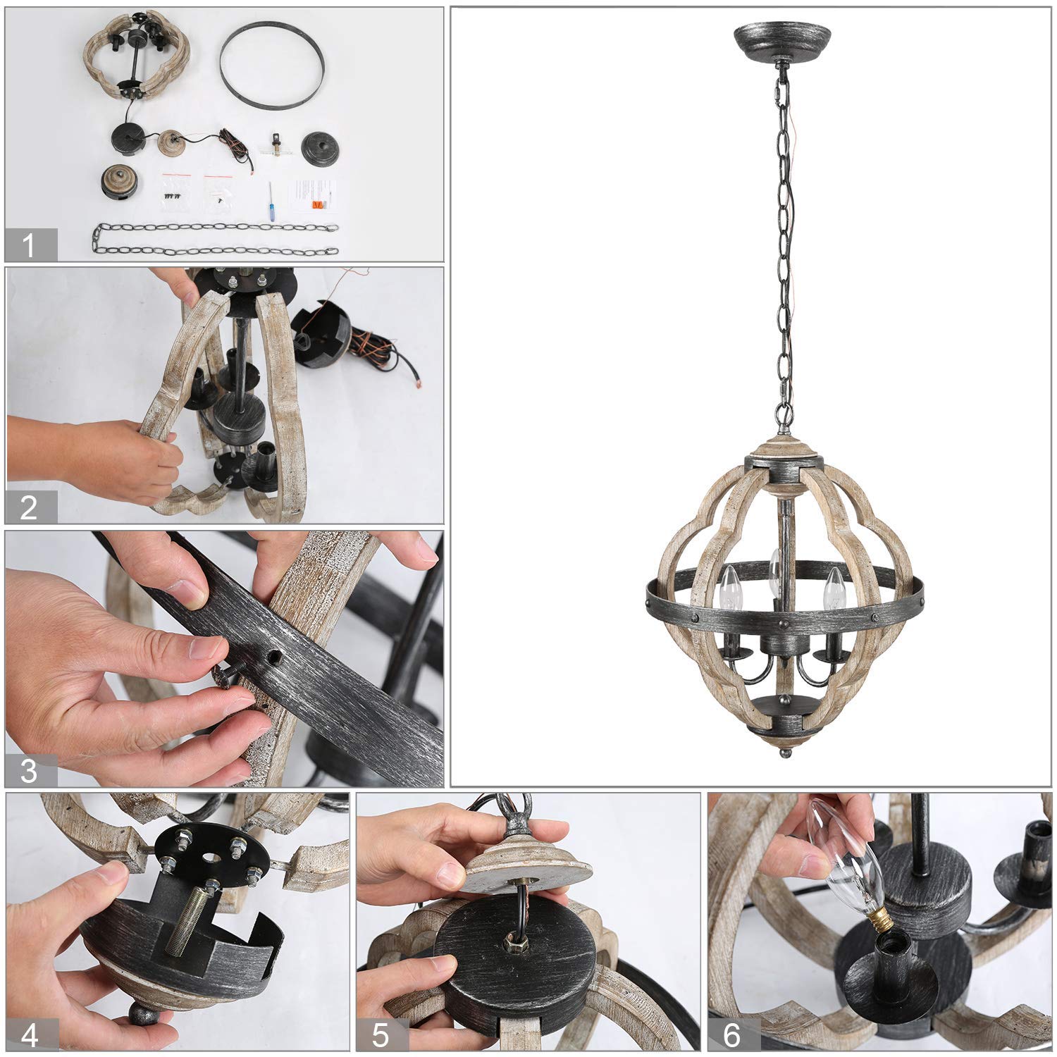 KSANA Farmhouse Chandelier - 3-Light Wood Orb Pendant Light for Dining Room, Kitchen Island & Foyer | 15