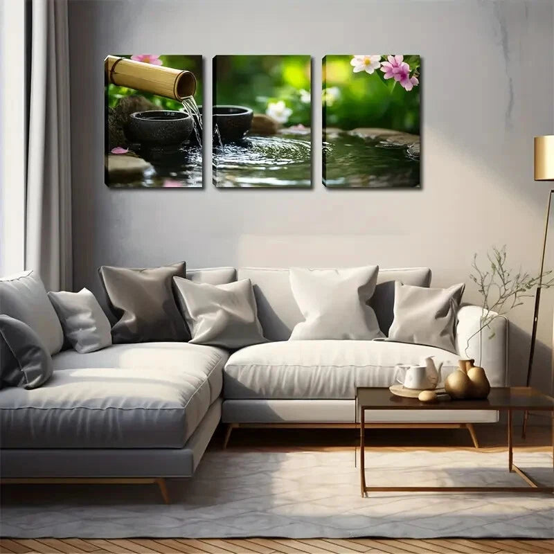3-Piece Bamboo Flow Blooming Flowers Wall Art Set - Framed Canvas 50x70cm - High Quality Print - 100% Australian Made - Ready to Hang - Perfect for Living Room, Bedroom & Office Decor