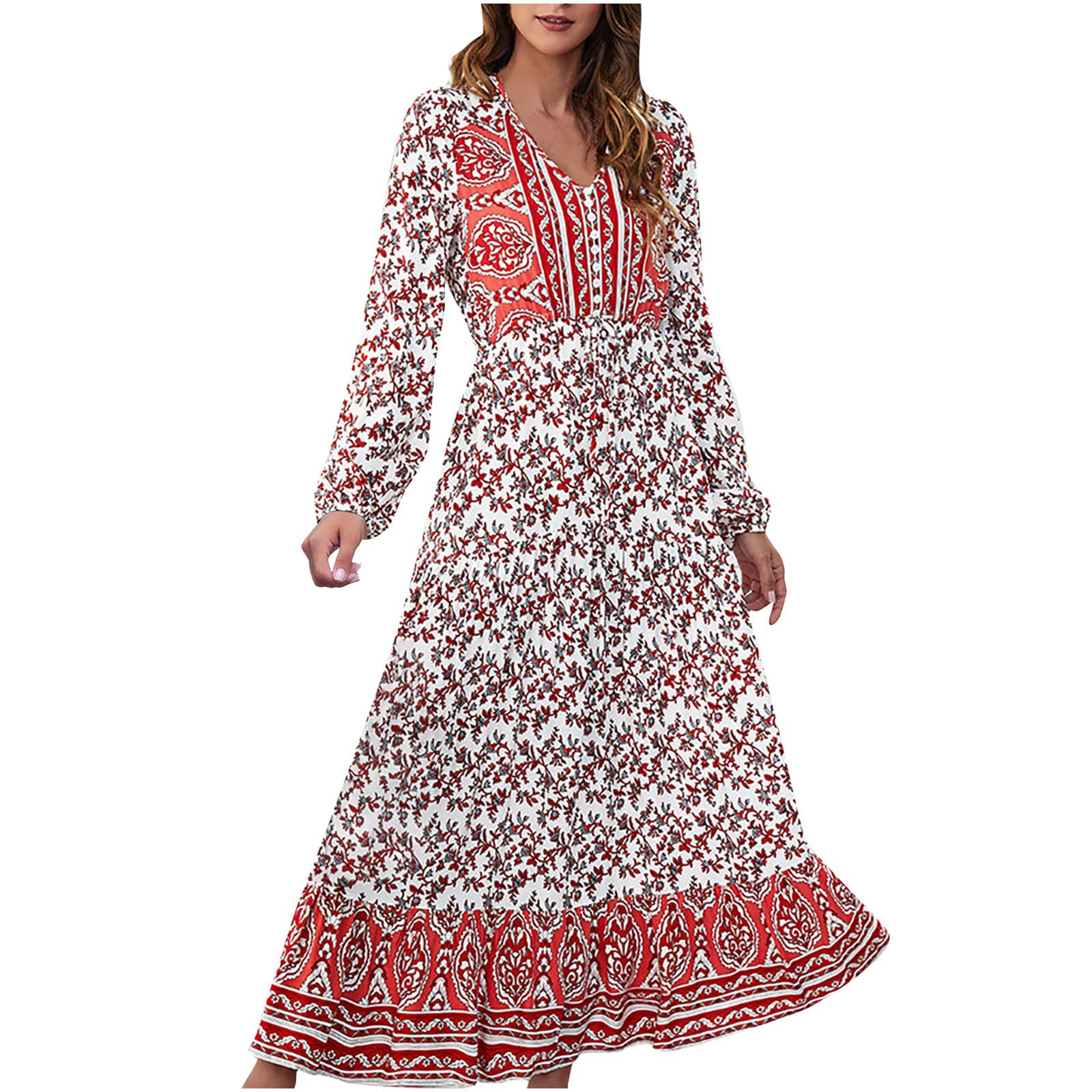 Ticcoy Women's Floral Long Sleeve Maxi Dress - Empire Waist Pleated Boho Dress for Casual, Party & Beach Wear | Perfect for Summer Outings, Vacations and Date Nights