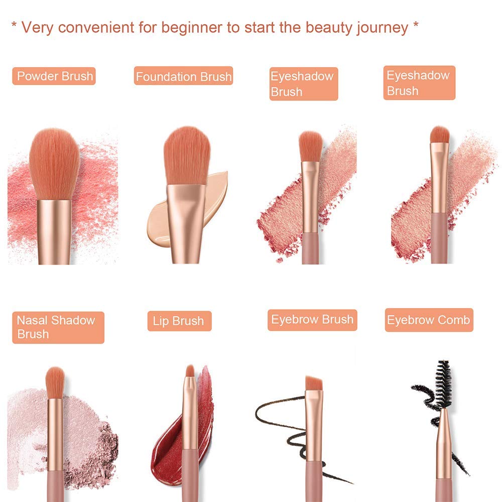 8-Piece Travel Portable Mini Makeup Brush Set - Foundation, Blush, Eyeshadow, Eyeliner, Lip & Eyebrow Brushes with Makeup Sponge & Storage Pouch | Perfect for On-the-Go Makeup, Travel Essentials & Professional Cosmetic Application