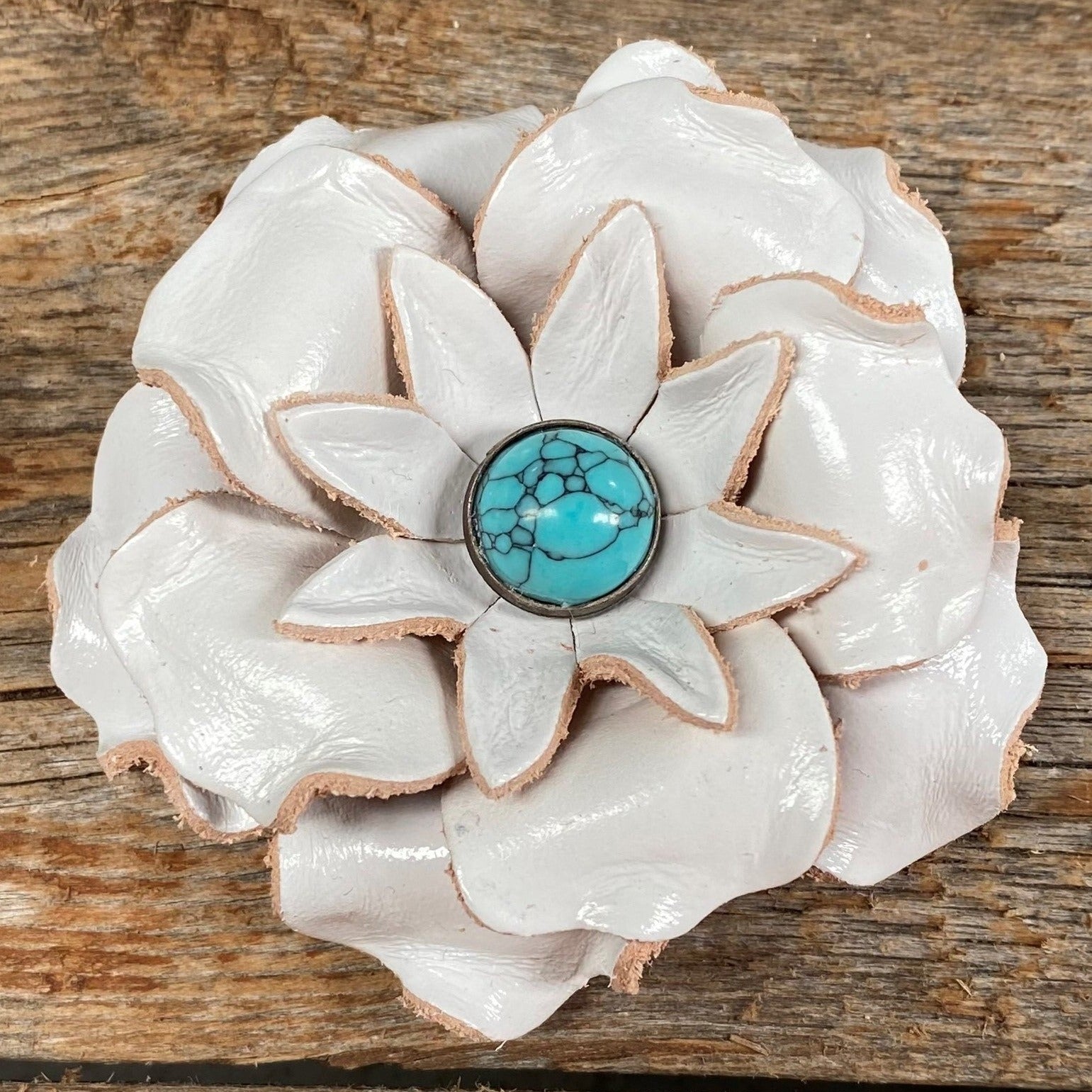 Hand Painted Leather Gardenia Flowers with Round Turquoise Cabochons - Elegant Home Decor, Wedding Bouquets & Bohemian Jewelry Making Supplies