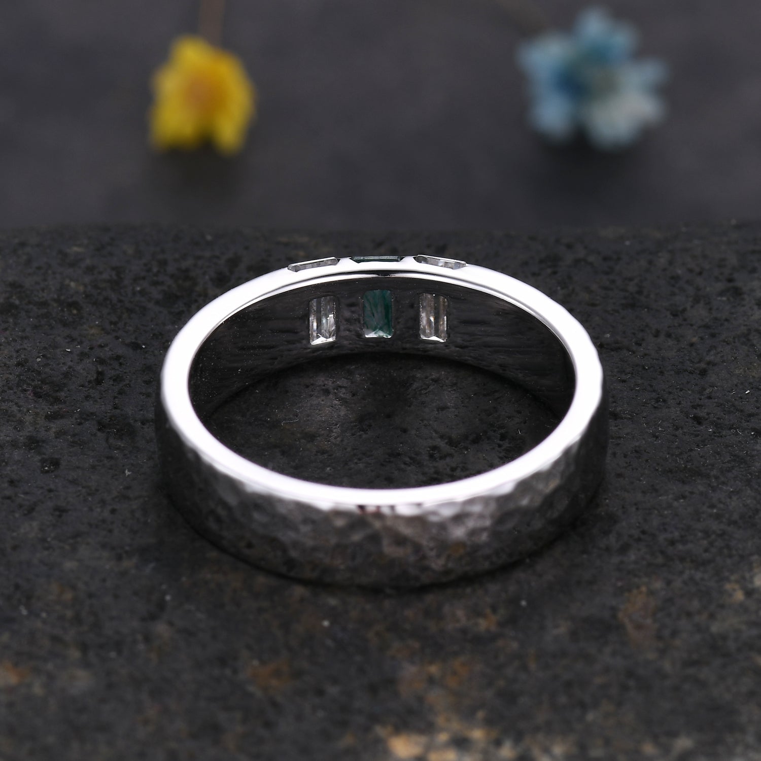 Men's 5mm Hammered White Gold Wedding Band with Three Stones - Perfect for Engagement, Anniversary, and Everyday Wear