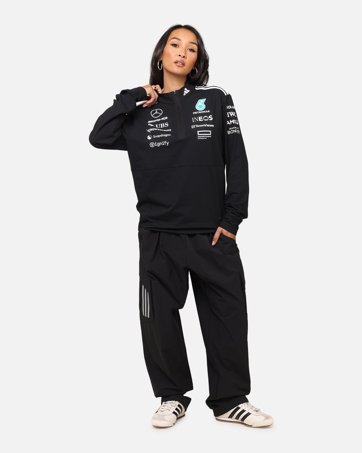 Adidas x Mercedes AMG Petronas F1 2025 Team Quarter Zip Jacket - Black & White - Men's Racing Jacket for Formula One Fans & Motorsport Enthusiasts
