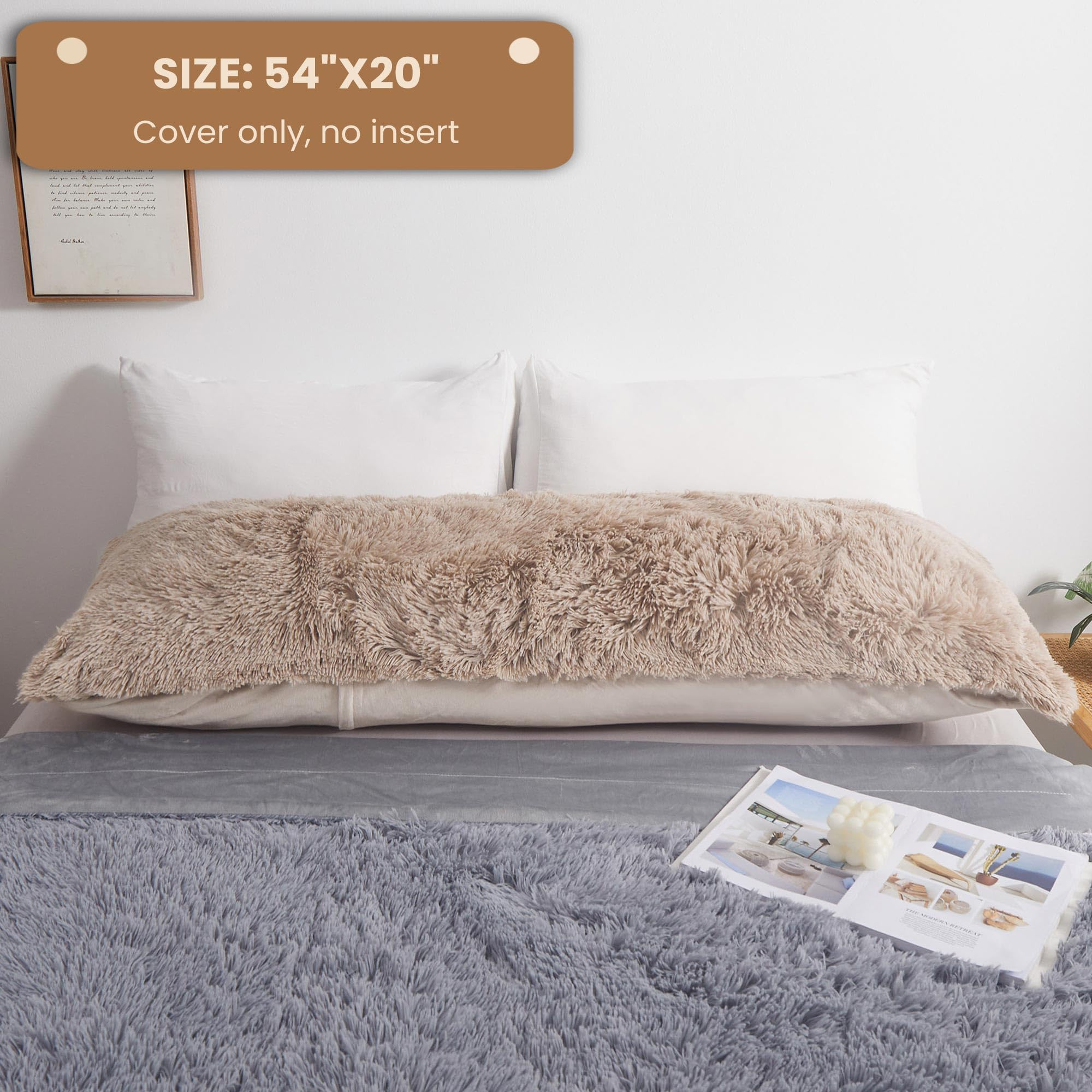Fluffy Body Pillow Cover 20x54 Inches - Soft Shaggy Faux Fur Pillow Case with Zipper - Cozy Plush Bed Pillow Cover for Adults, Pregnant Women & Side Sleepers - Perfect for Home Decor, Nursery, Bedroom & Relaxation (Khaki)