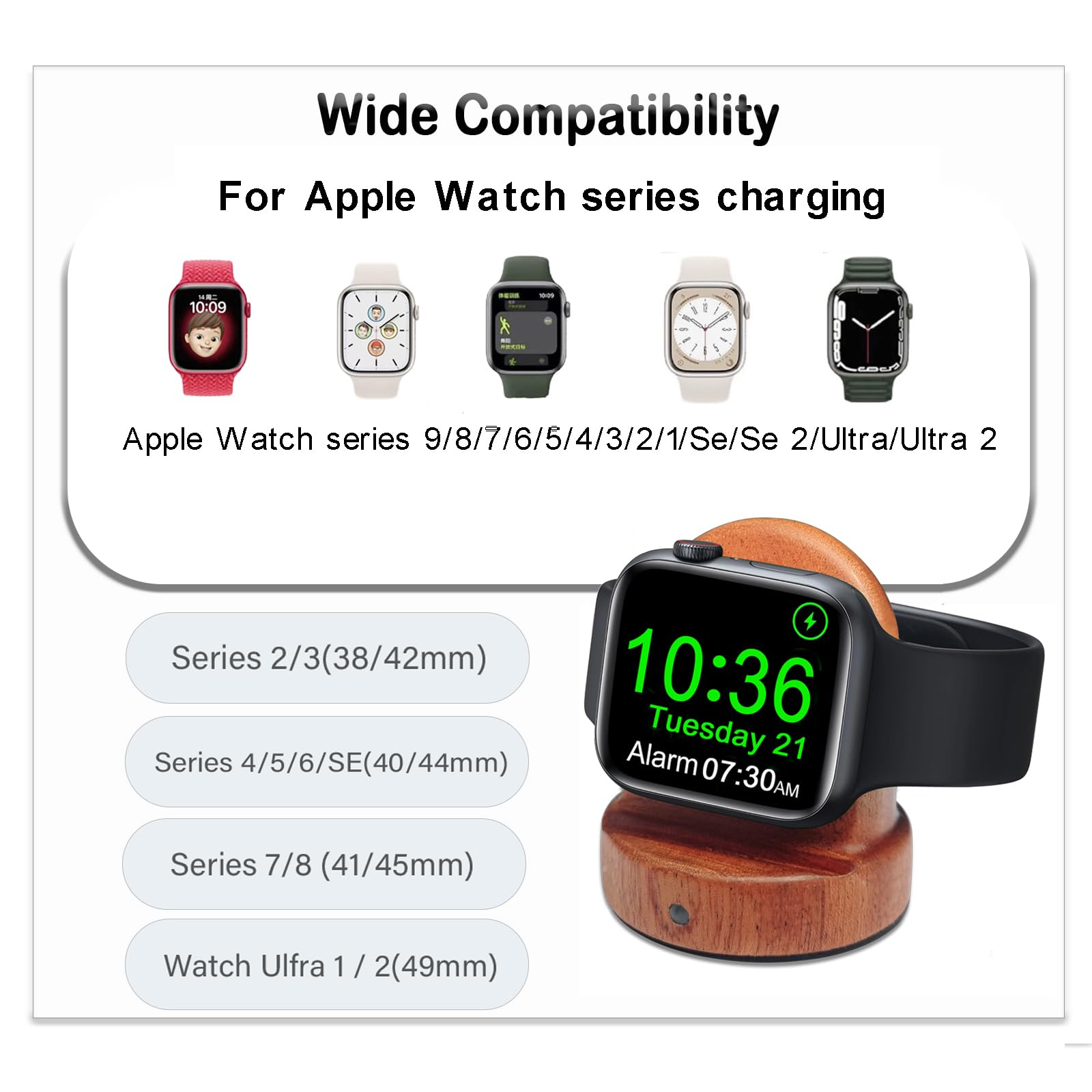 Premium Sapele Wood Apple Watch Charger Stand - Fast 3W USB-C Charging for Apple Watch Series 10/9/8/7/6/5/4/3/2/1/SE/SE2/Ultra/Ultra 2 - Portable Nightstand Mode Charging Dock for Home, Office & Travel